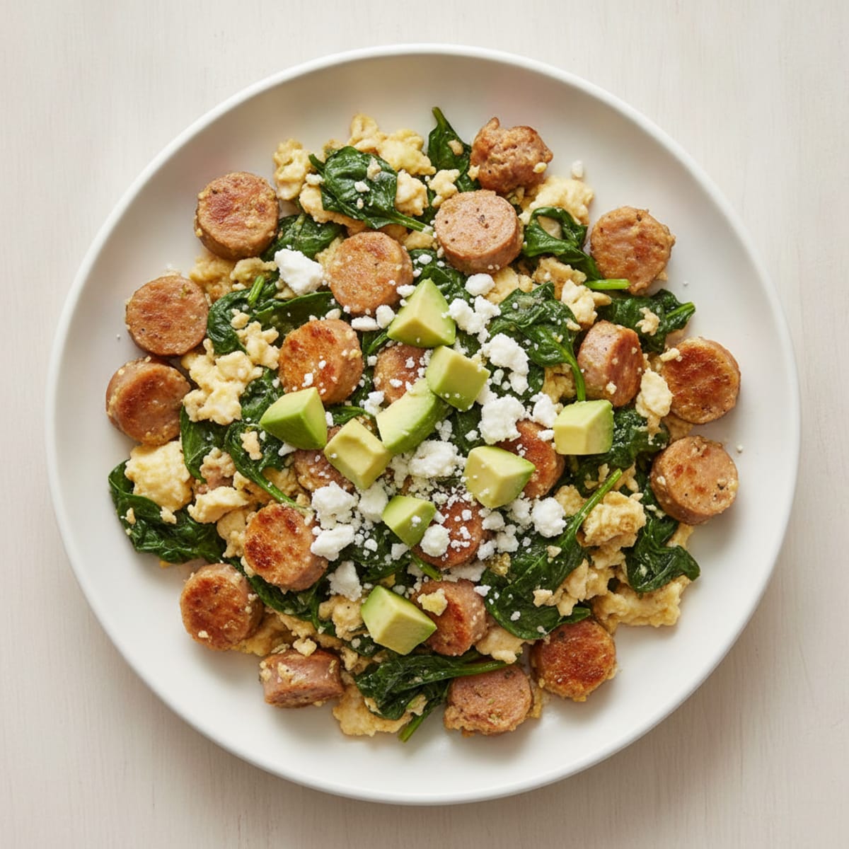 Egg White and Turkey Sausage Scramble with Sautéed Spinach