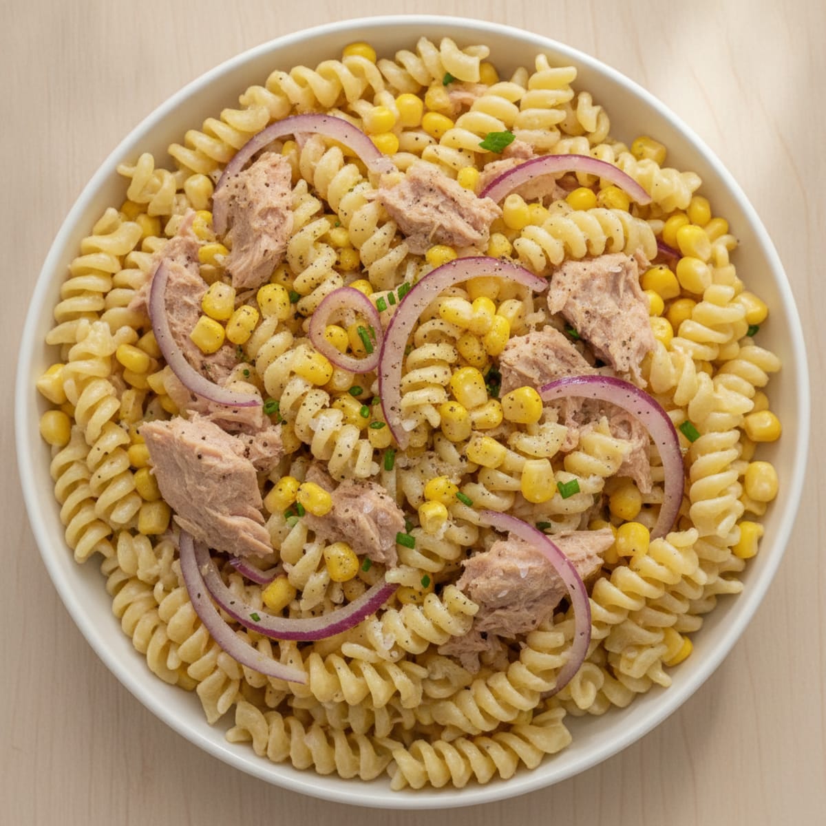 Tuna Fusilli Salad with Sweetcorn & Red Onion