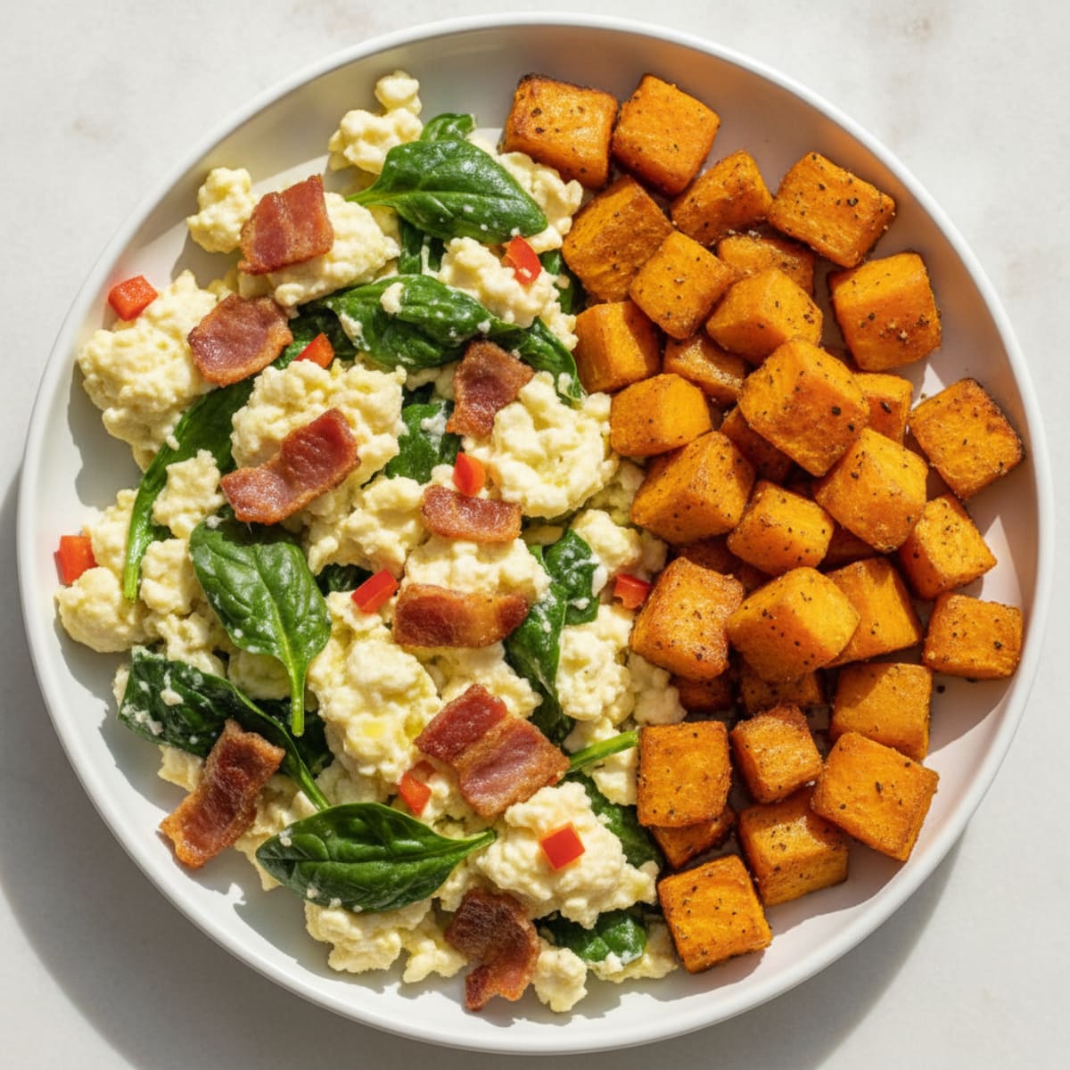 Crispy Turkey Bacon Egg White Scramble with Roasted Sweet Potatoes