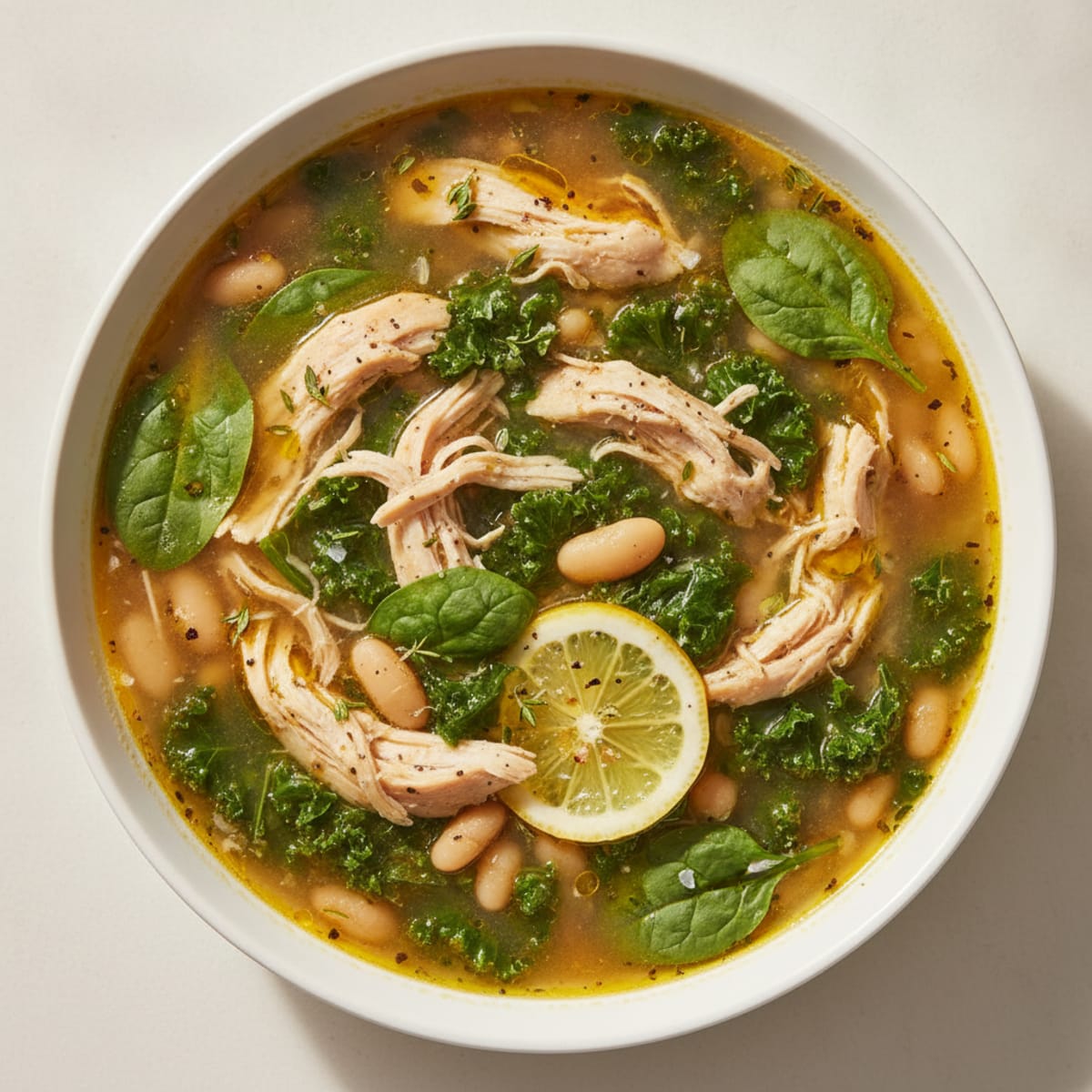 Hearty Spinach and Kale Soup with Shredded Chicken