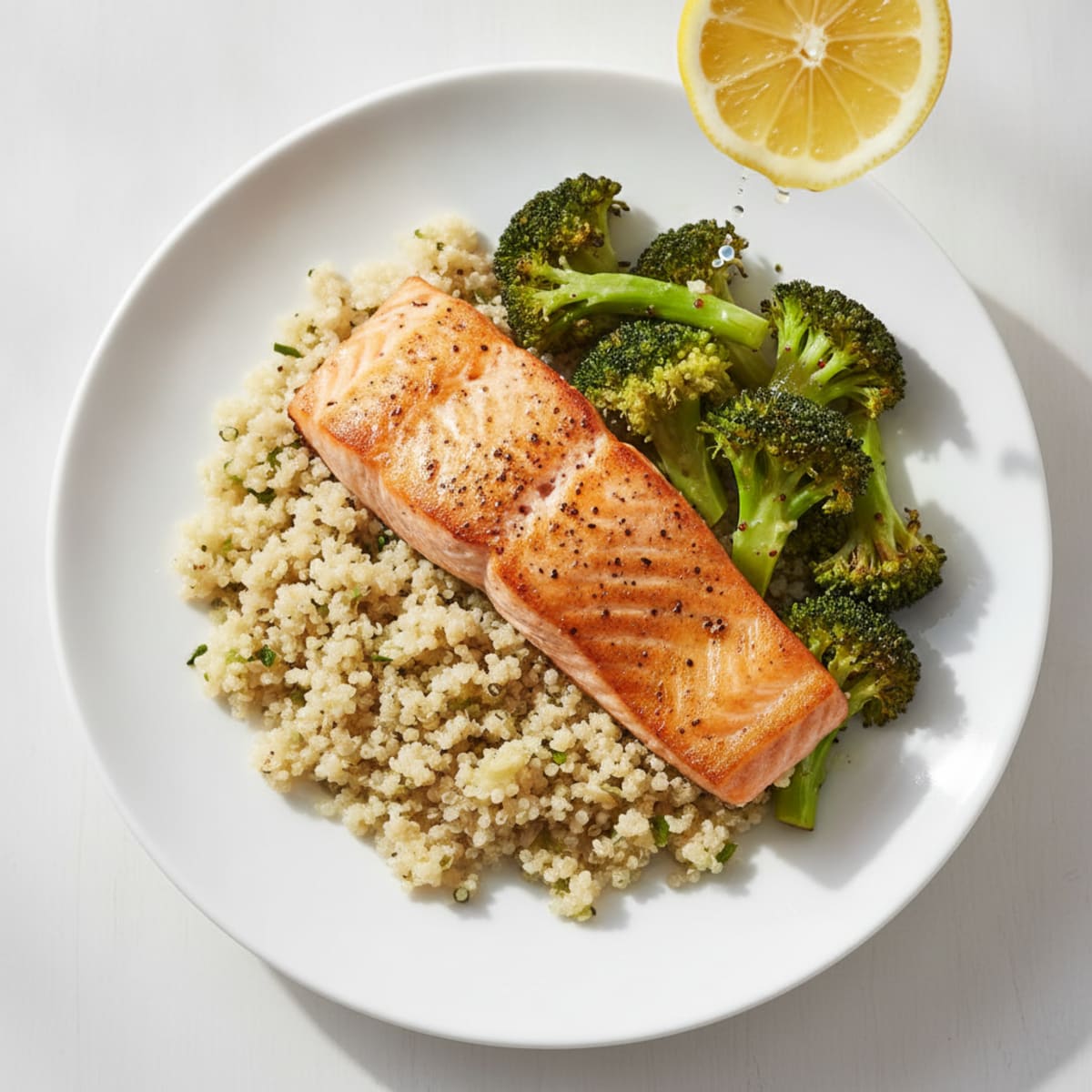 Seared Salmon Fillet with Roasted Broccoli and Garlic Quinoa