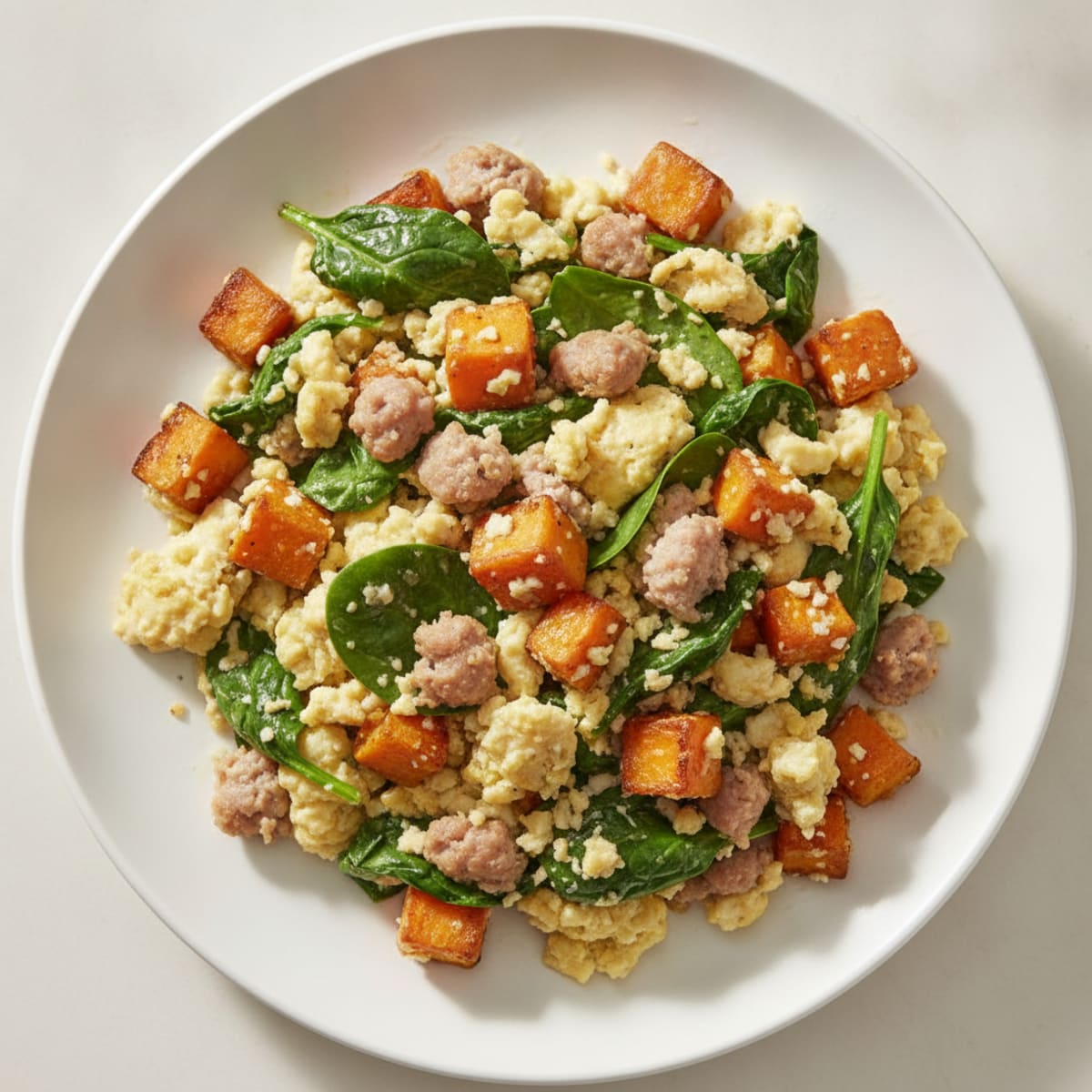 Egg White and Turkey Sausage Scramble with Spinach and Roasted Sweet Potatoes