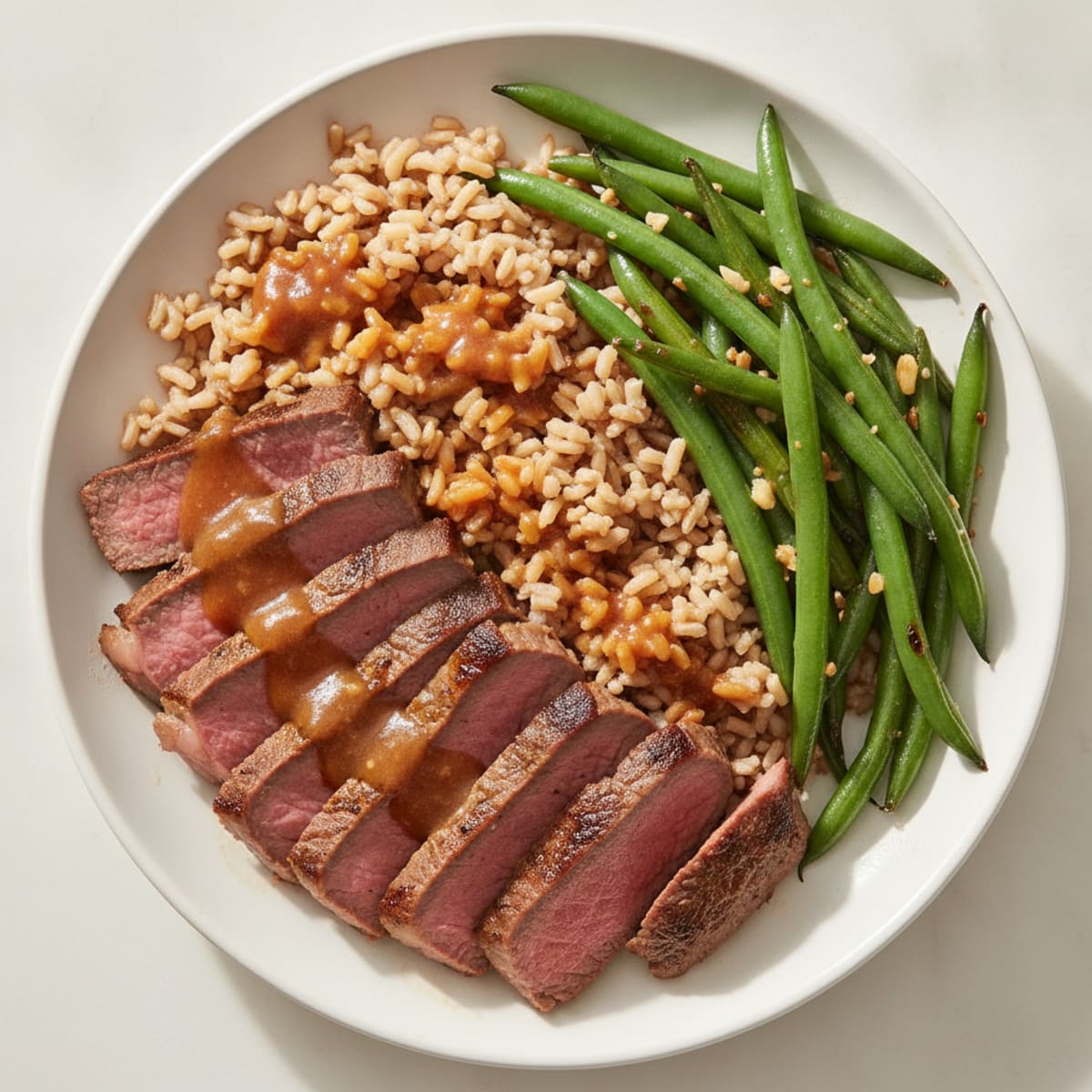Seared Lean Beef with Garlic Green Beans and Brown Rice