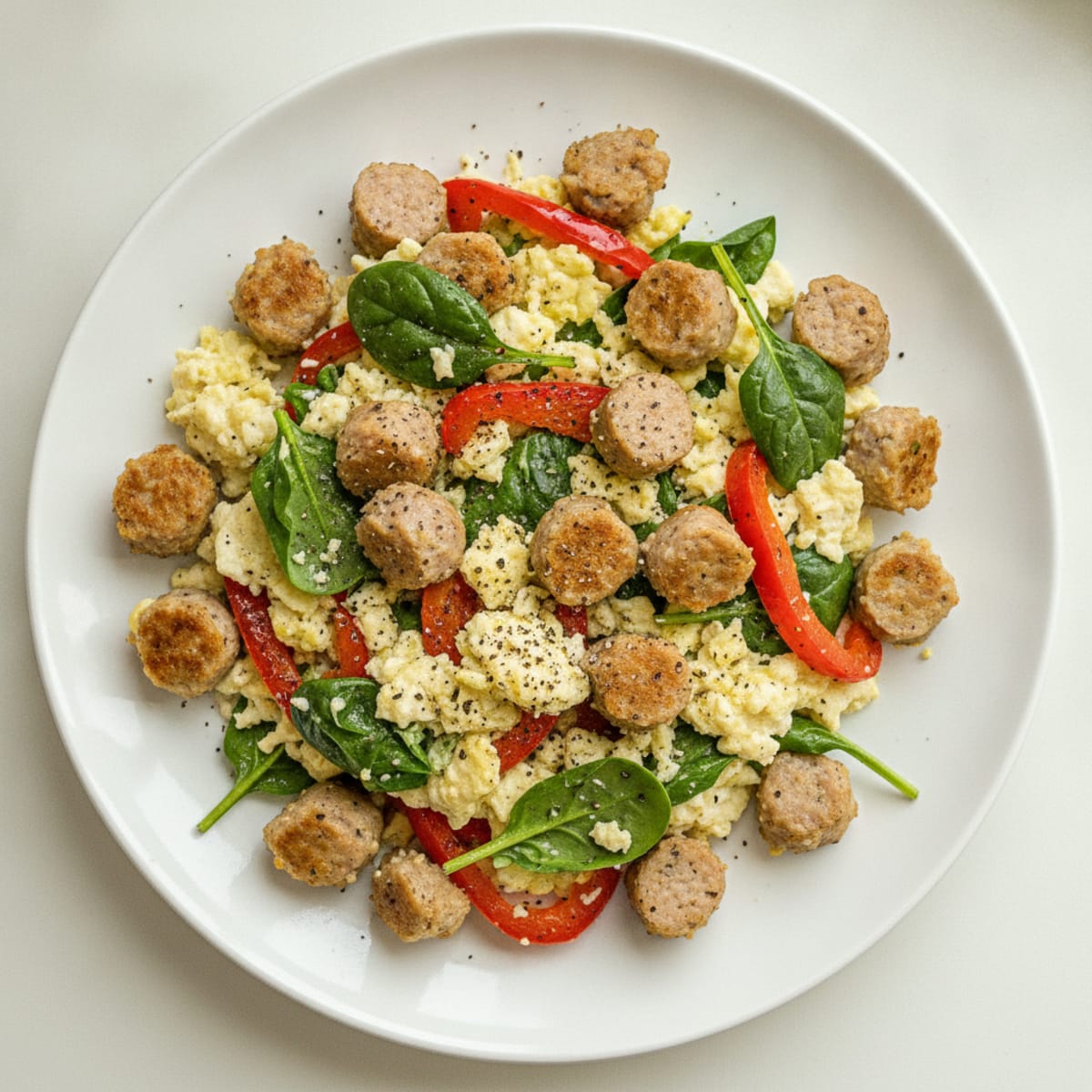 Egg White and Turkey Sausage Scramble with Spinach and Bell Peppers