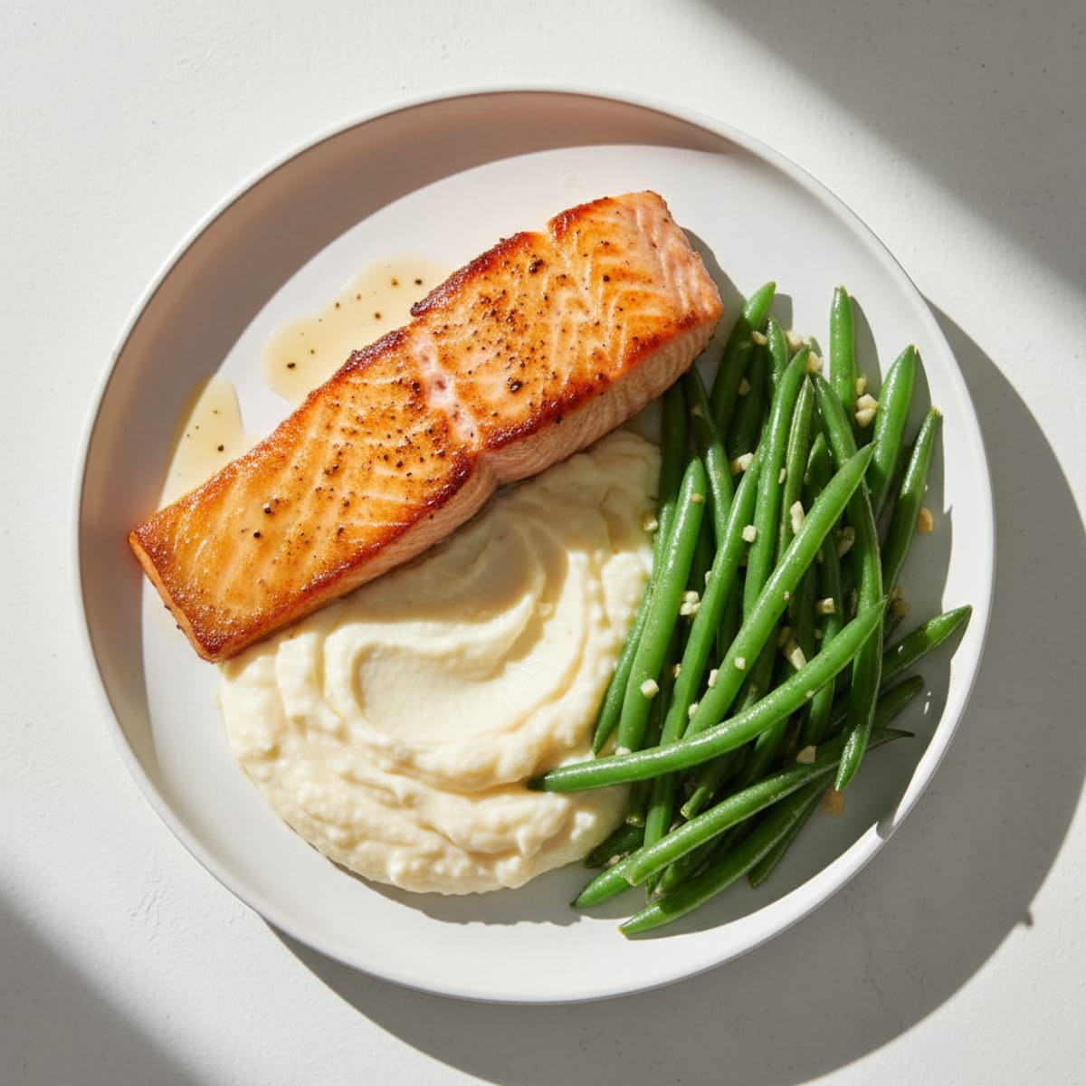 Seared Salmon with Garlic Green Beans and Cauliflower Mash