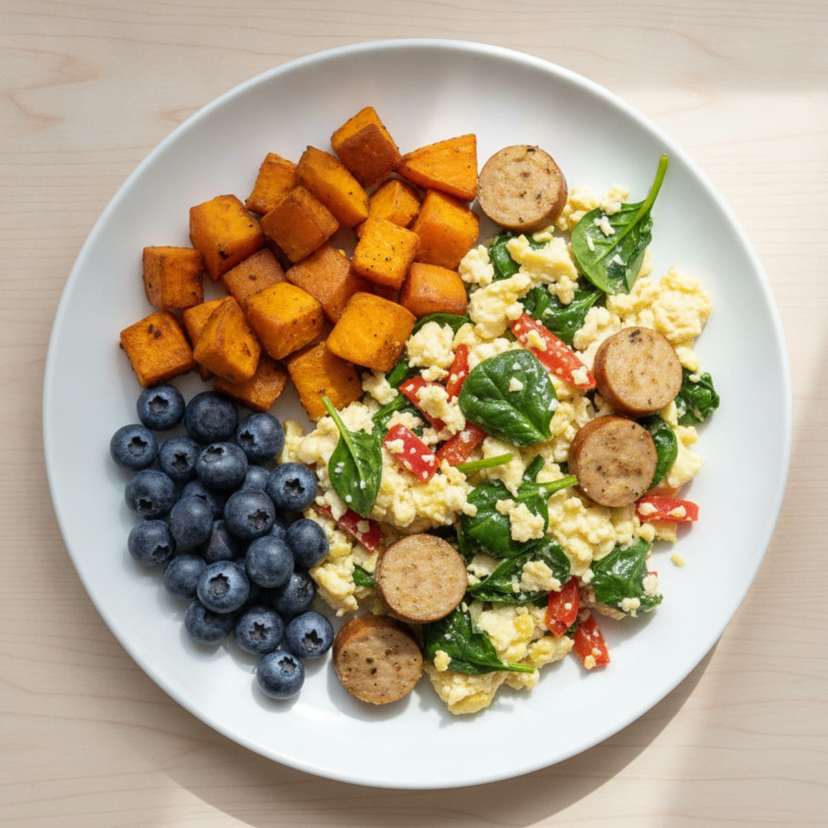 Egg White Veggie Scramble with Roasted Sweet Potato
