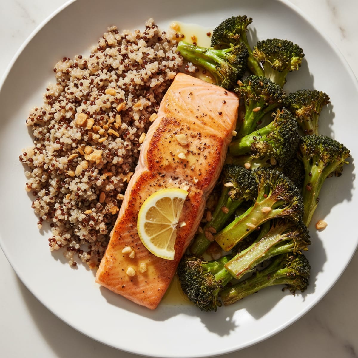 Seared Salmon Filet with Roasted Broccoli and Quinoa
