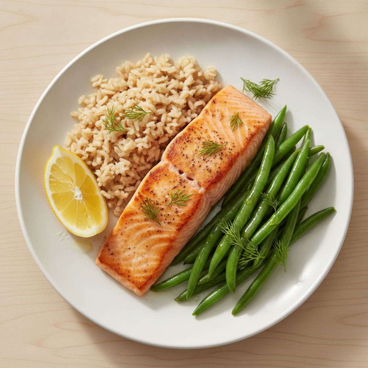 Seared Salmon Fillet with Steamed Green Beans and Brown Rice