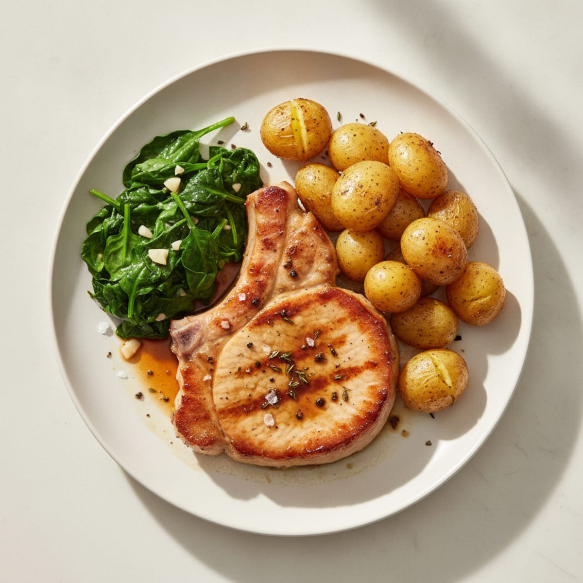 Pan-Seared Pork Carbonade with Roasted Baby Potatoes and Spinach