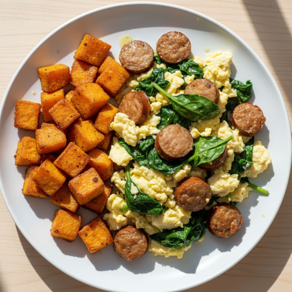 Egg White and Turkey Sausage Scramble with Spinach and Roasted Sweet Potatoes