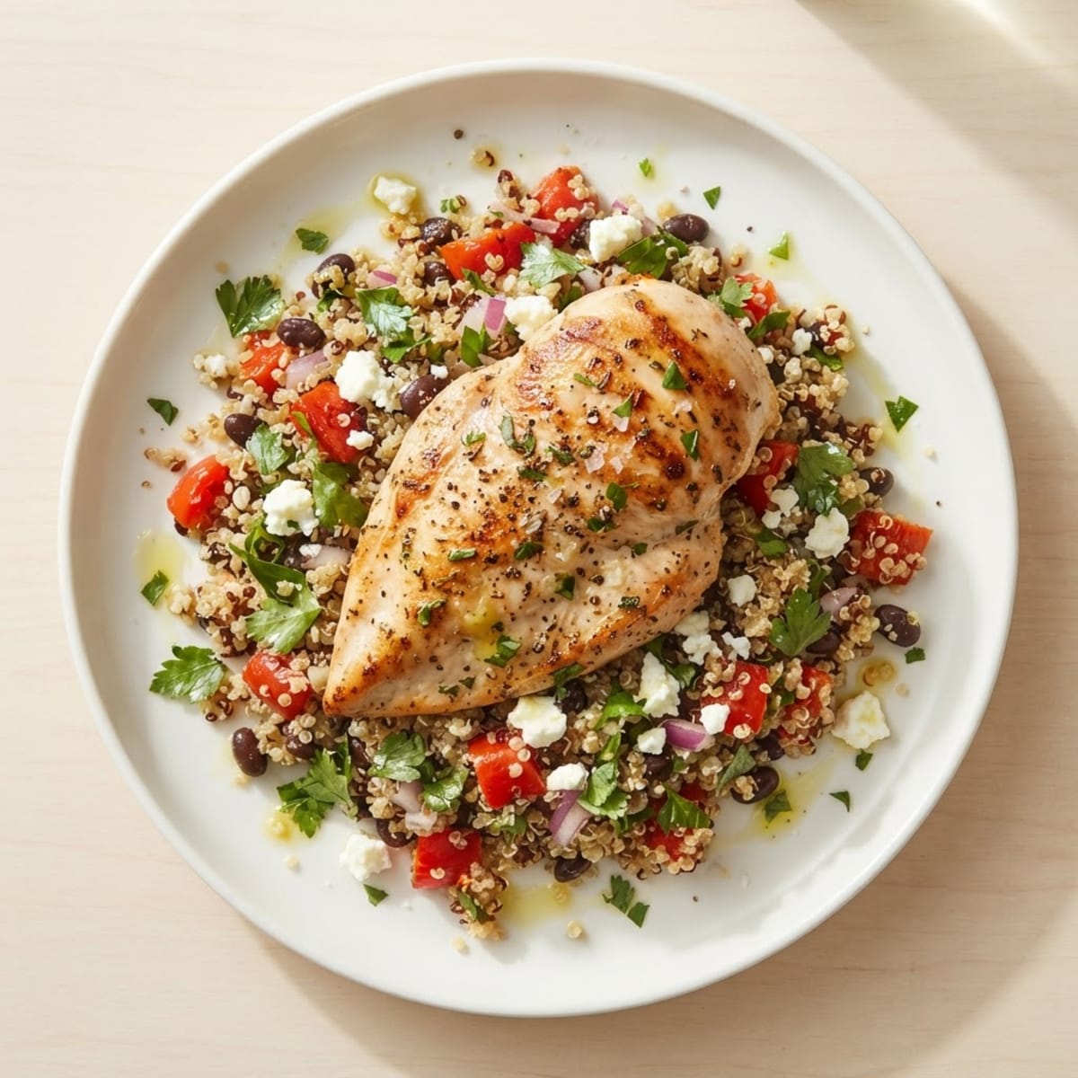 Seared Chicken Breast with Roasted Pepper Quinoa Salad