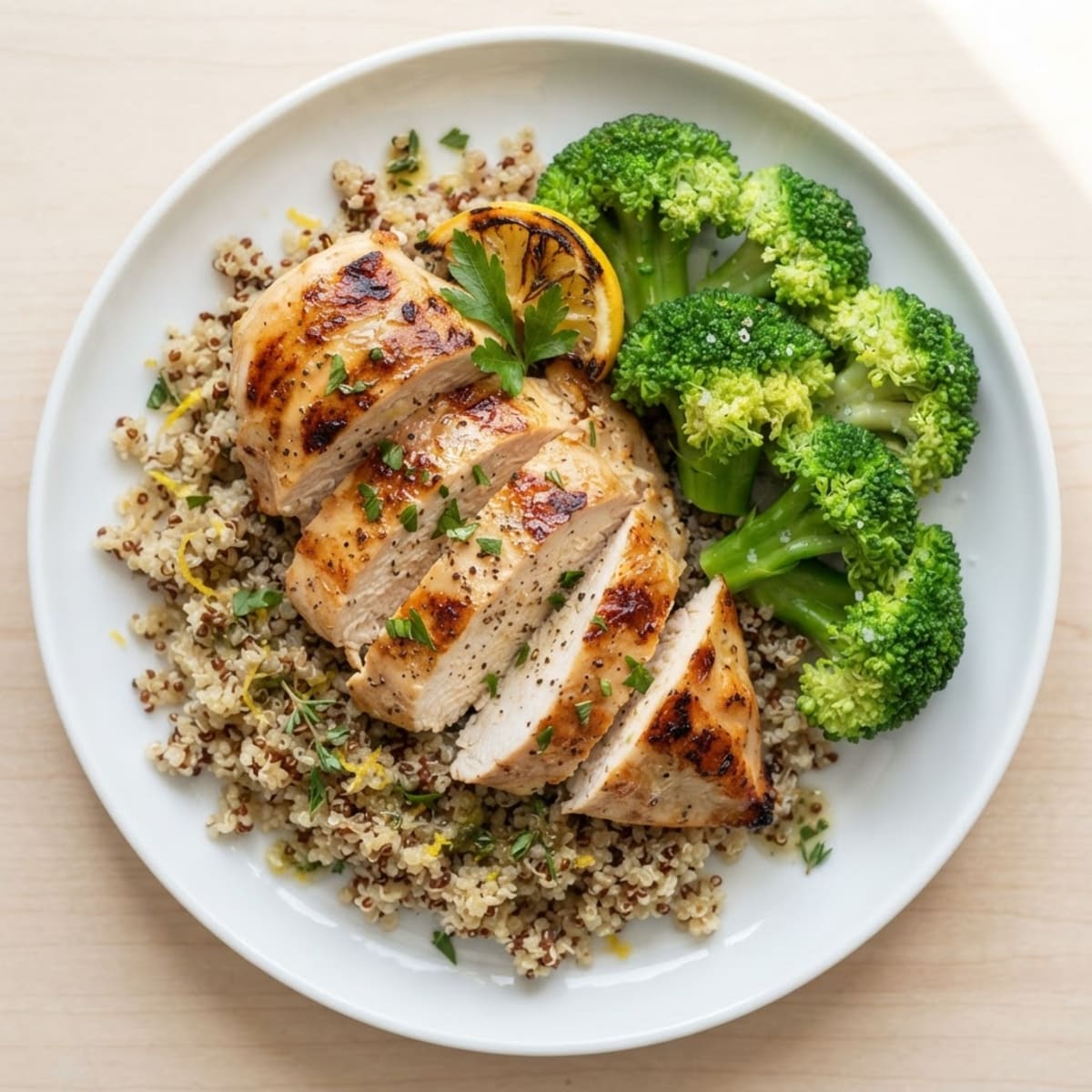 Grilled Lemon Chicken with Quinoa and Steamed Broccoli