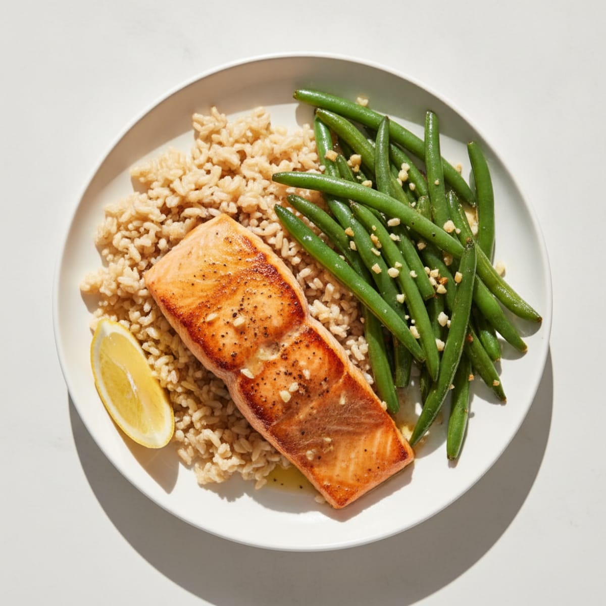Seared Salmon Fillet with Garlic Green Beans and Brown Rice