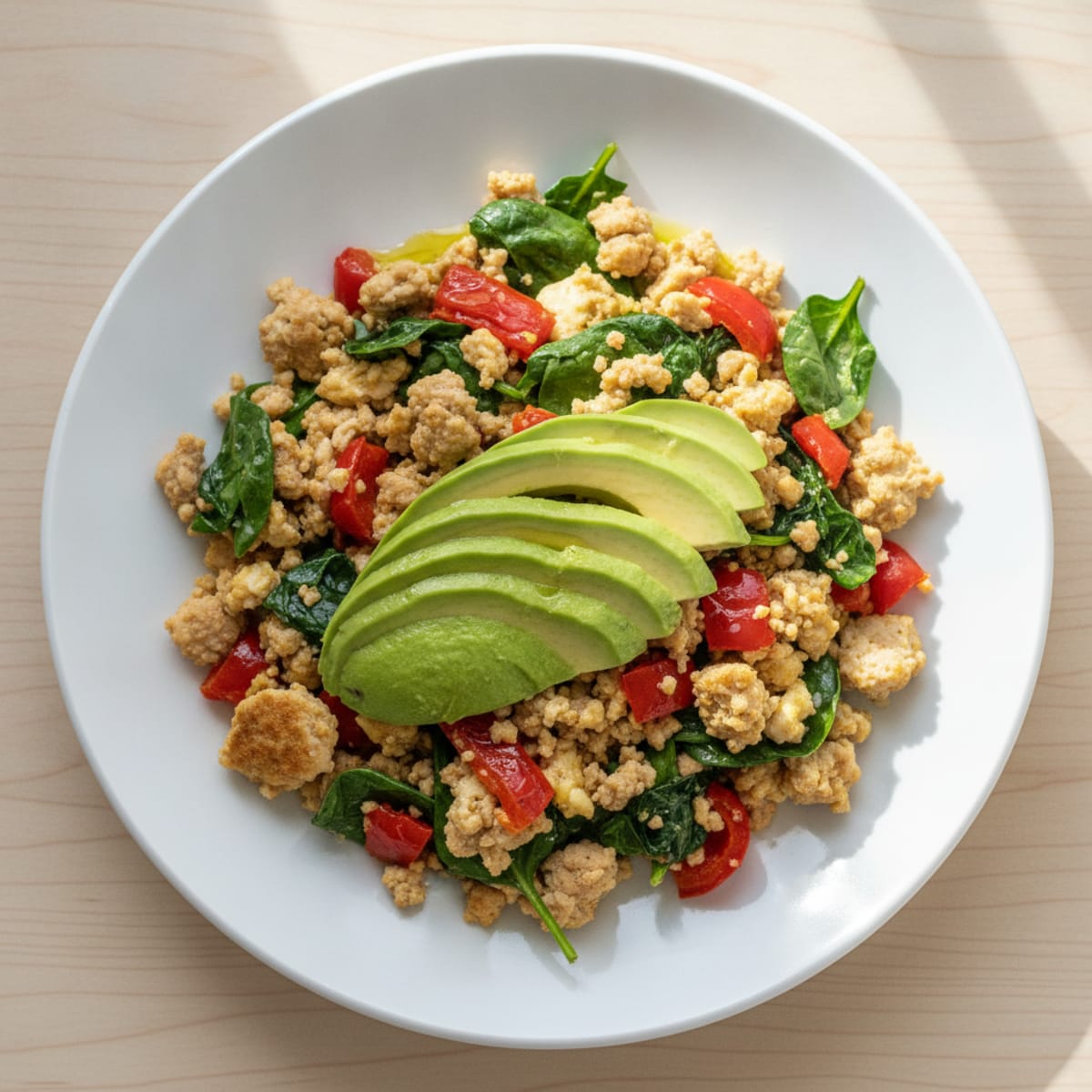 Egg White and Turkey Spinach Scramble with Roasted Peppers