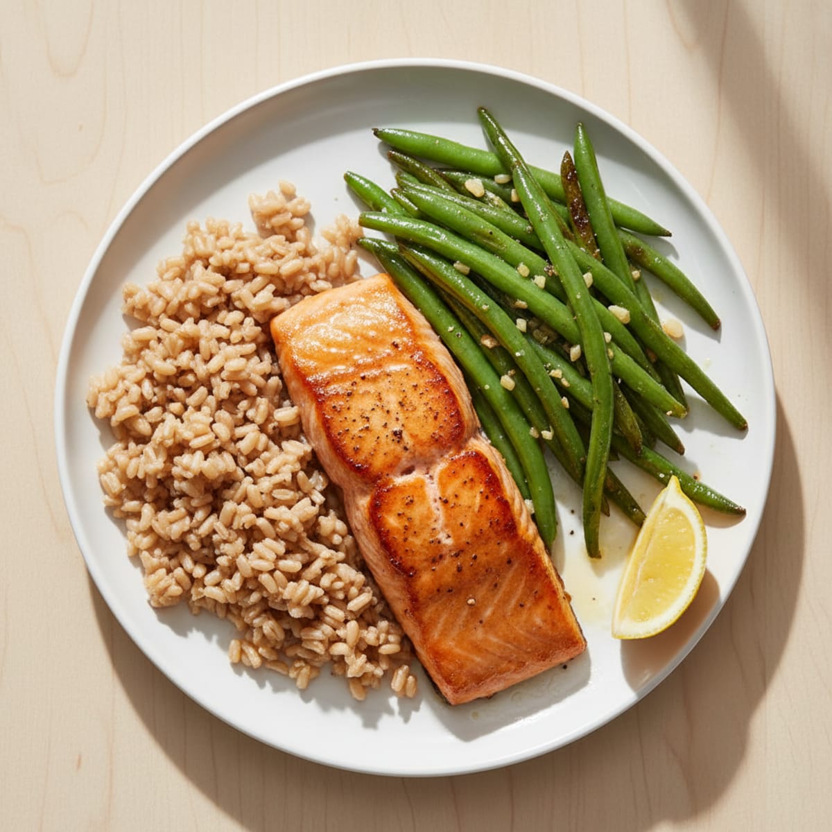 Seared Salmon with Garlic Green Beans and Brown Rice
