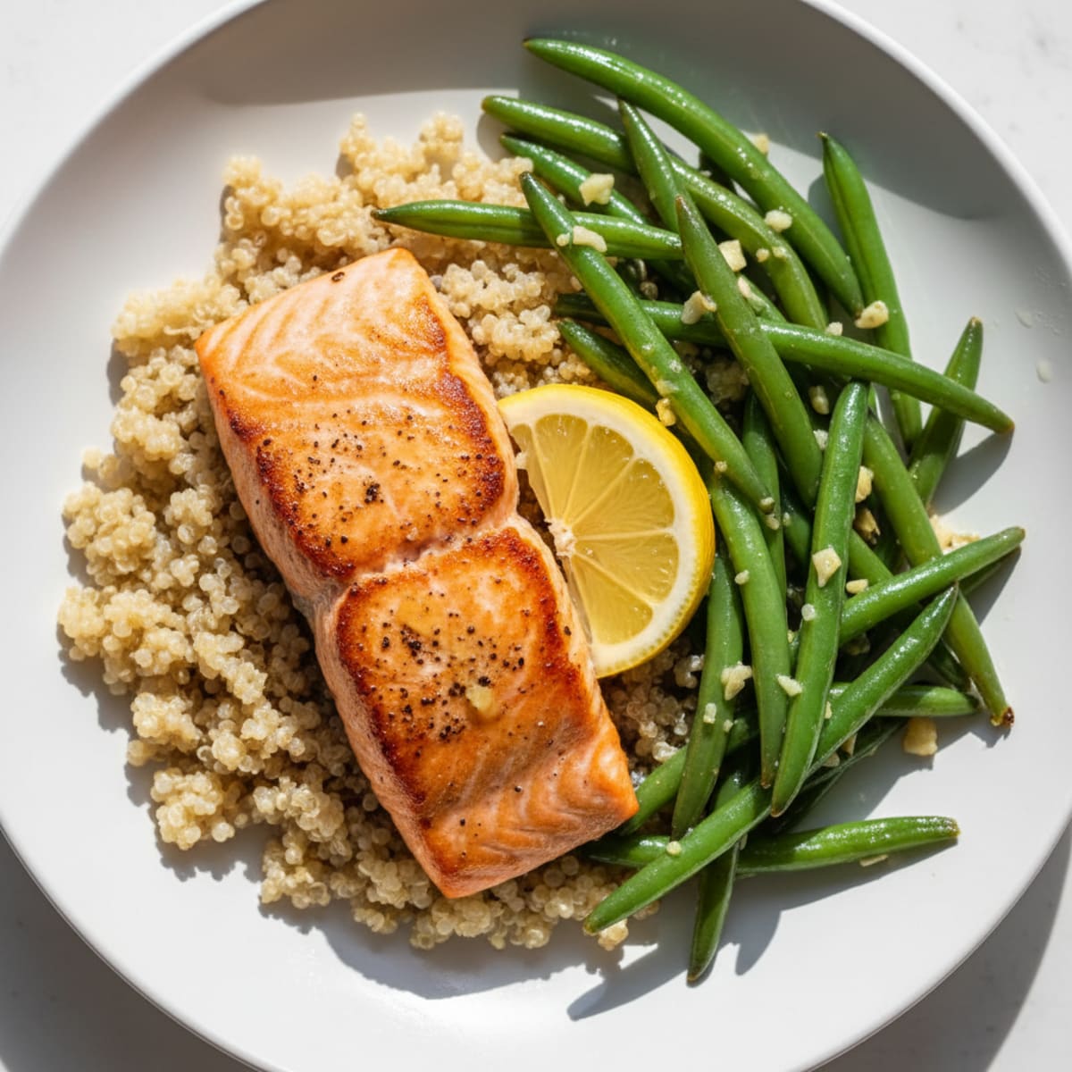 Seared Salmon with Garlic Green Beans and Quinoa