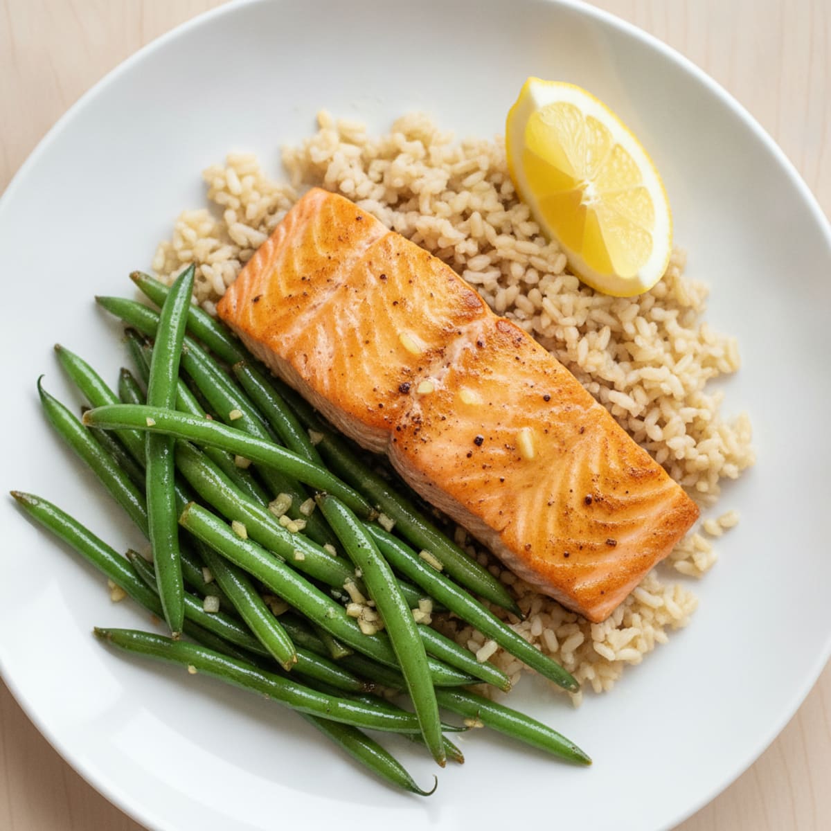 Seared Salmon with Garlic Green Beans and Brown Rice