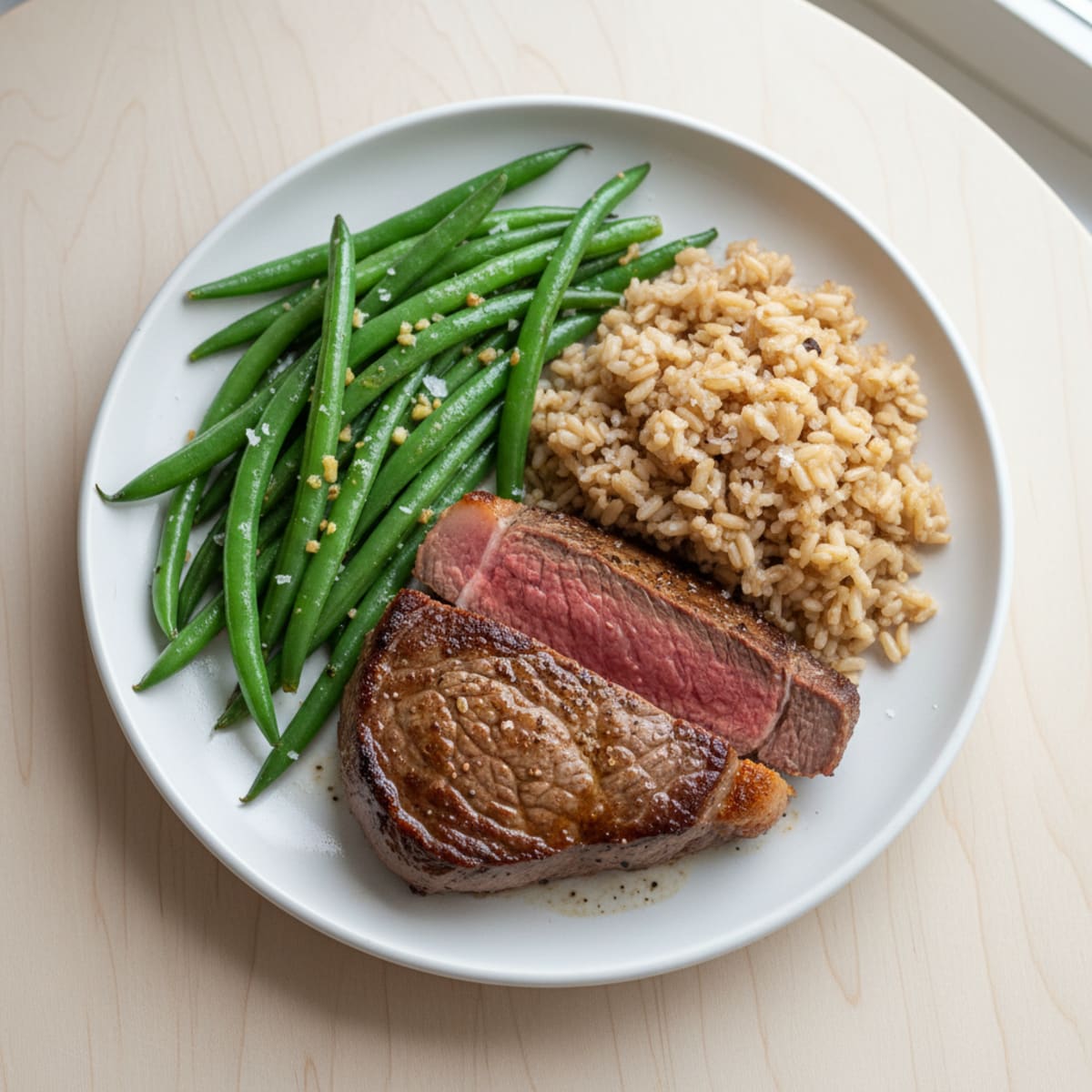 Seared Sirloin Steak with Garlic Green Beans and Brown Rice