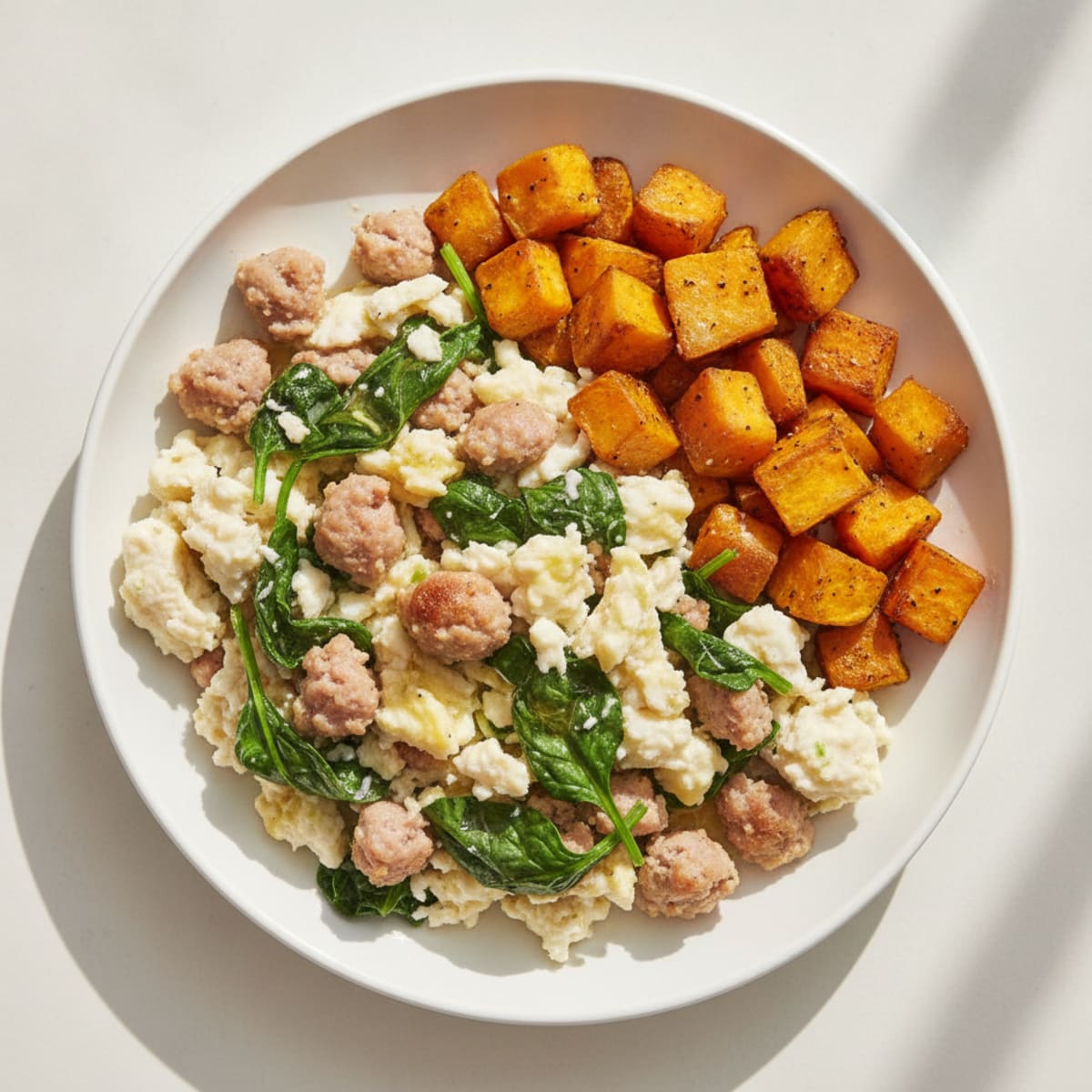 Egg White and Turkey Sausage Scramble with Spinach and Roasted Sweet Potatoes