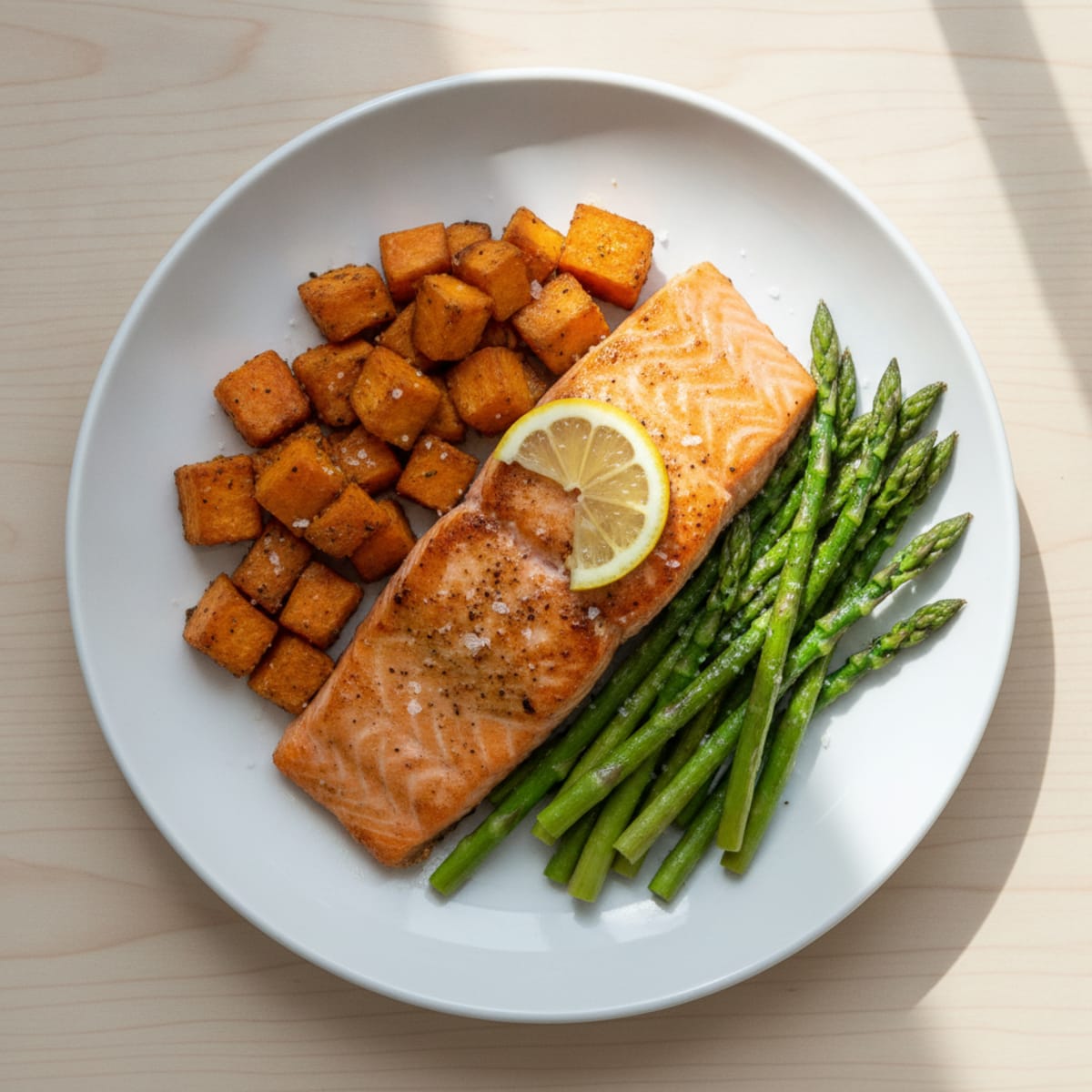 Seared Salmon Fillet with Roasted Sweet Potatoes and Asparagus
