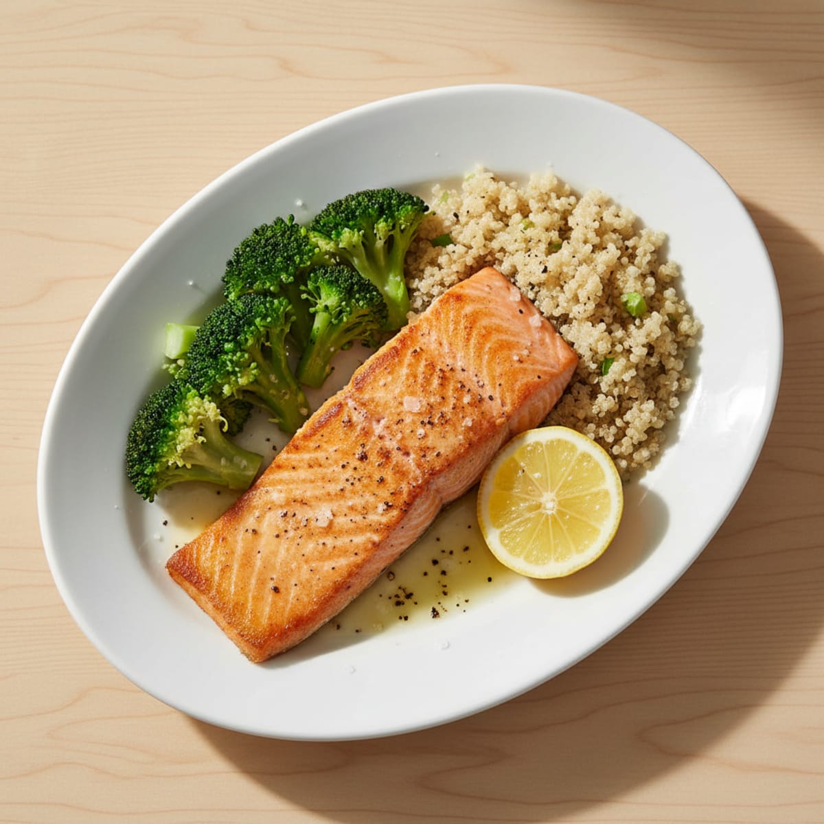 Seared Salmon Filet with Steamed Broccoli and Quinoa
