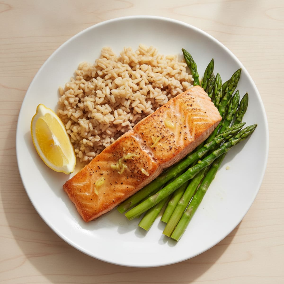 Seared Salmon Fillet with Steamed Asparagus and Brown Rice
