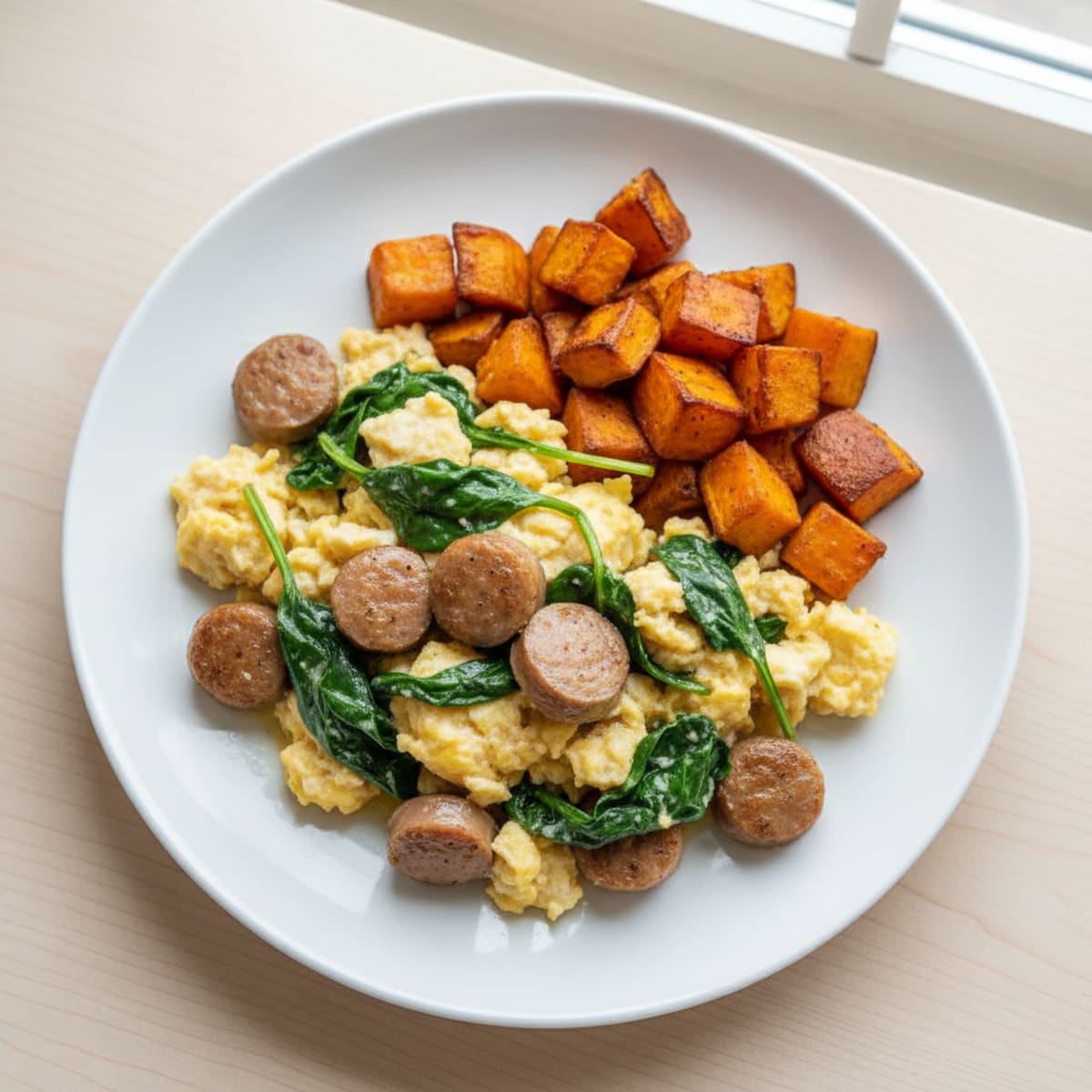 Egg White and Turkey Sausage Scramble with Spinach and Roasted Sweet Potato