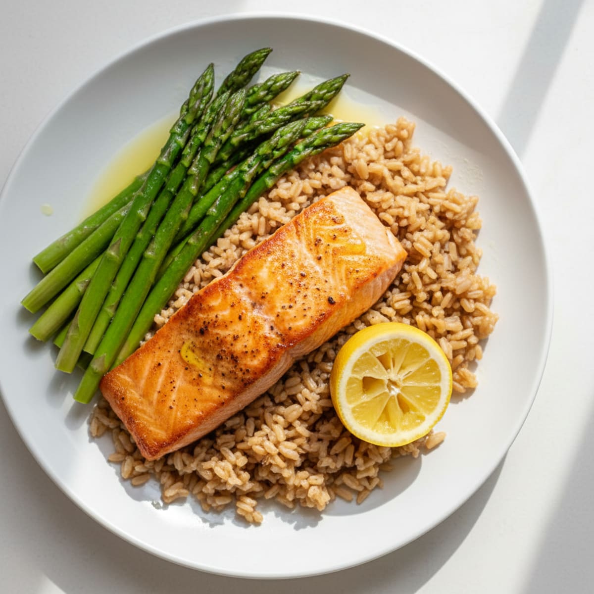 Seared Salmon with Steamed Asparagus and Brown Rice