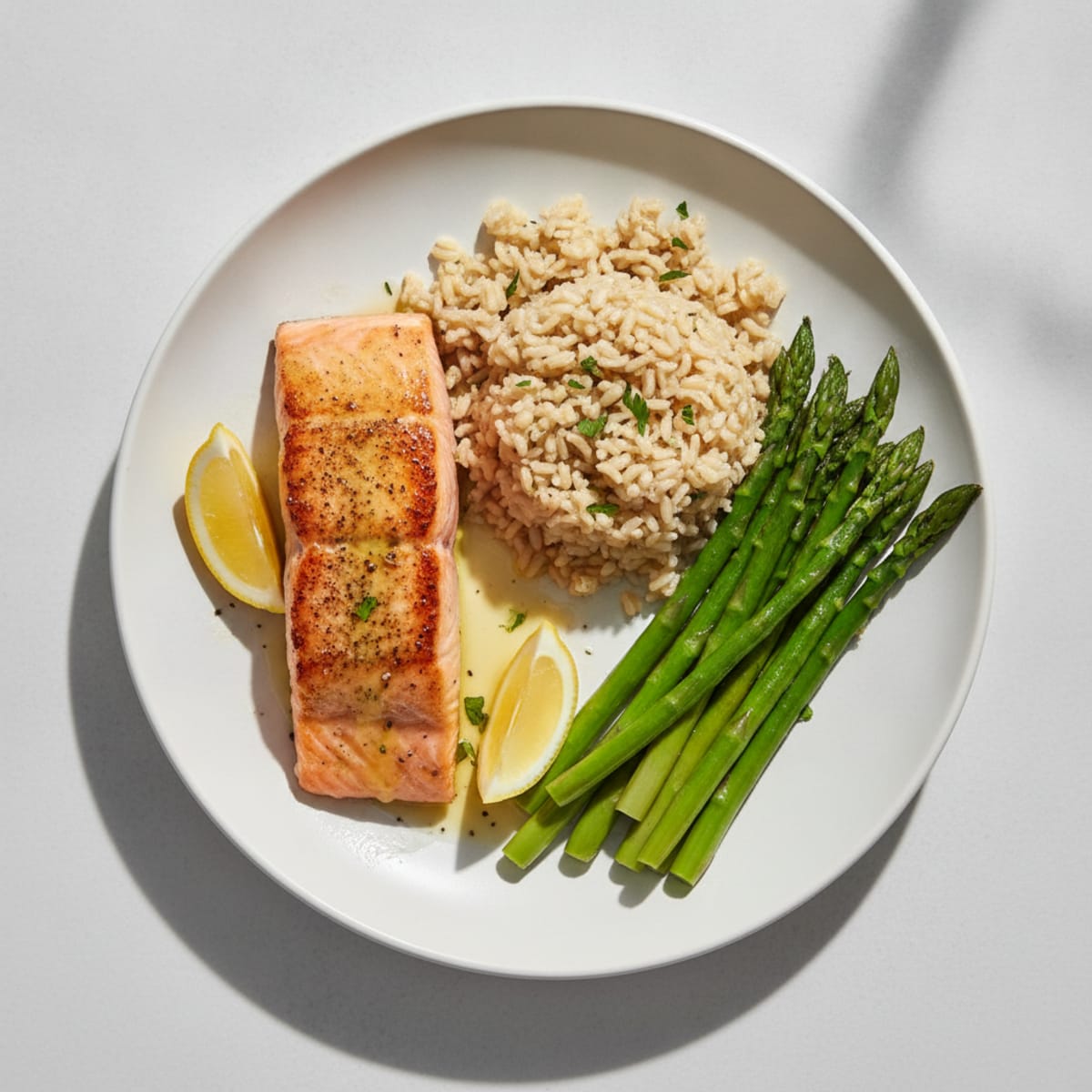 Seared Salmon with Steamed Asparagus and Brown Rice