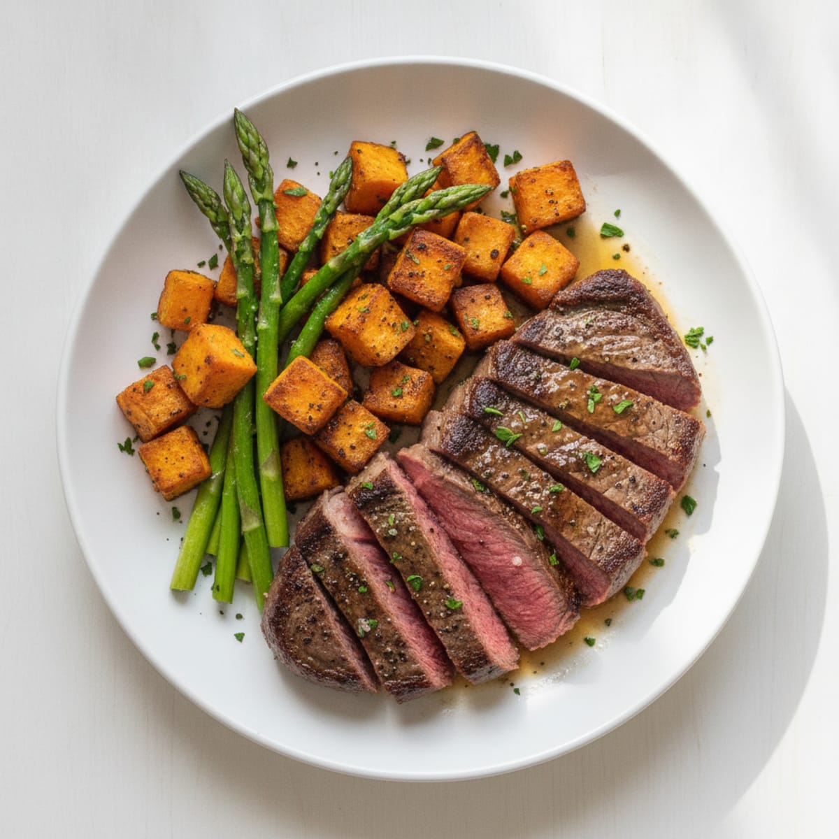 Pan-Seared Steak with Roasted Sweet Potatoes and Asparagus