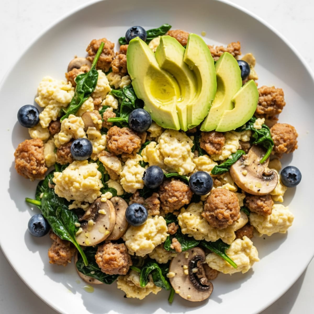 Egg White and Turkey Sausage Scramble with Spinach and Mushrooms