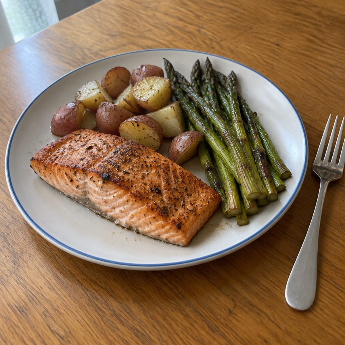 Pan-seared salmon with roasted asparagus