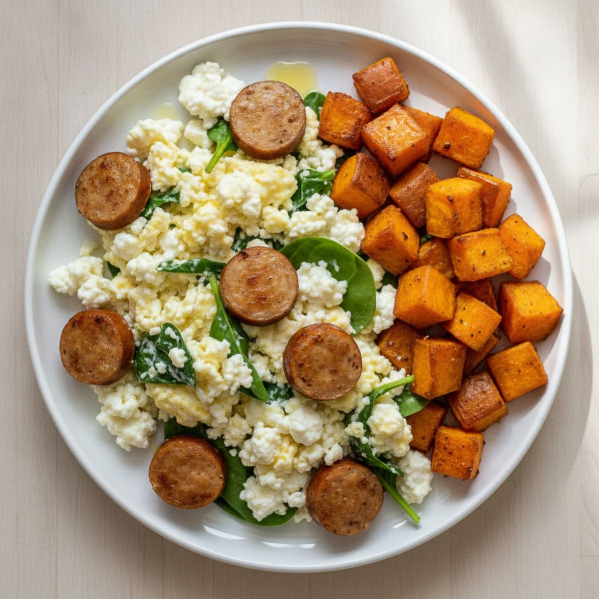 Cottage Cheese Scramble with Chicken Sausage and Roasted Sweet Potatoes