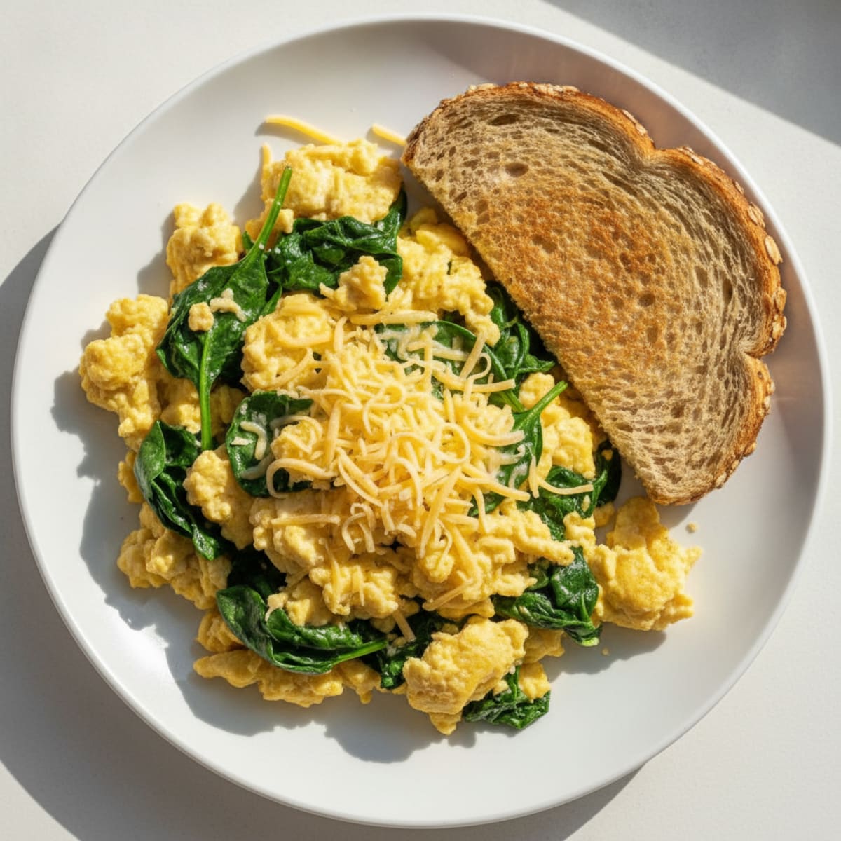 Egg and Spinach Scramble with Toasted Bread and Shredded Cheese