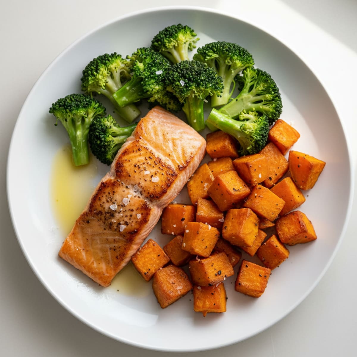 Seared Salmon with Roasted Sweet Potatoes and Steamed Broccoli