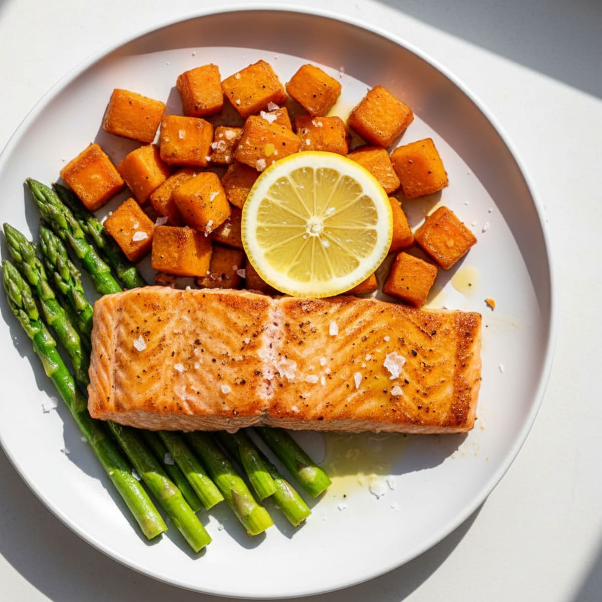 Seared Salmon with Roasted Sweet Potato and Asparagus
