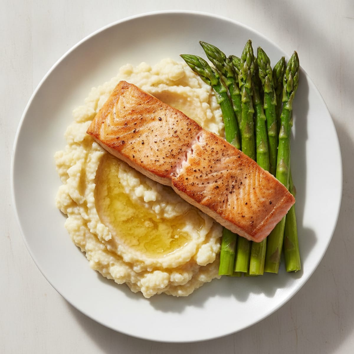 Seared Salmon with Steamed Asparagus and Garlic Cauliflower Mash
