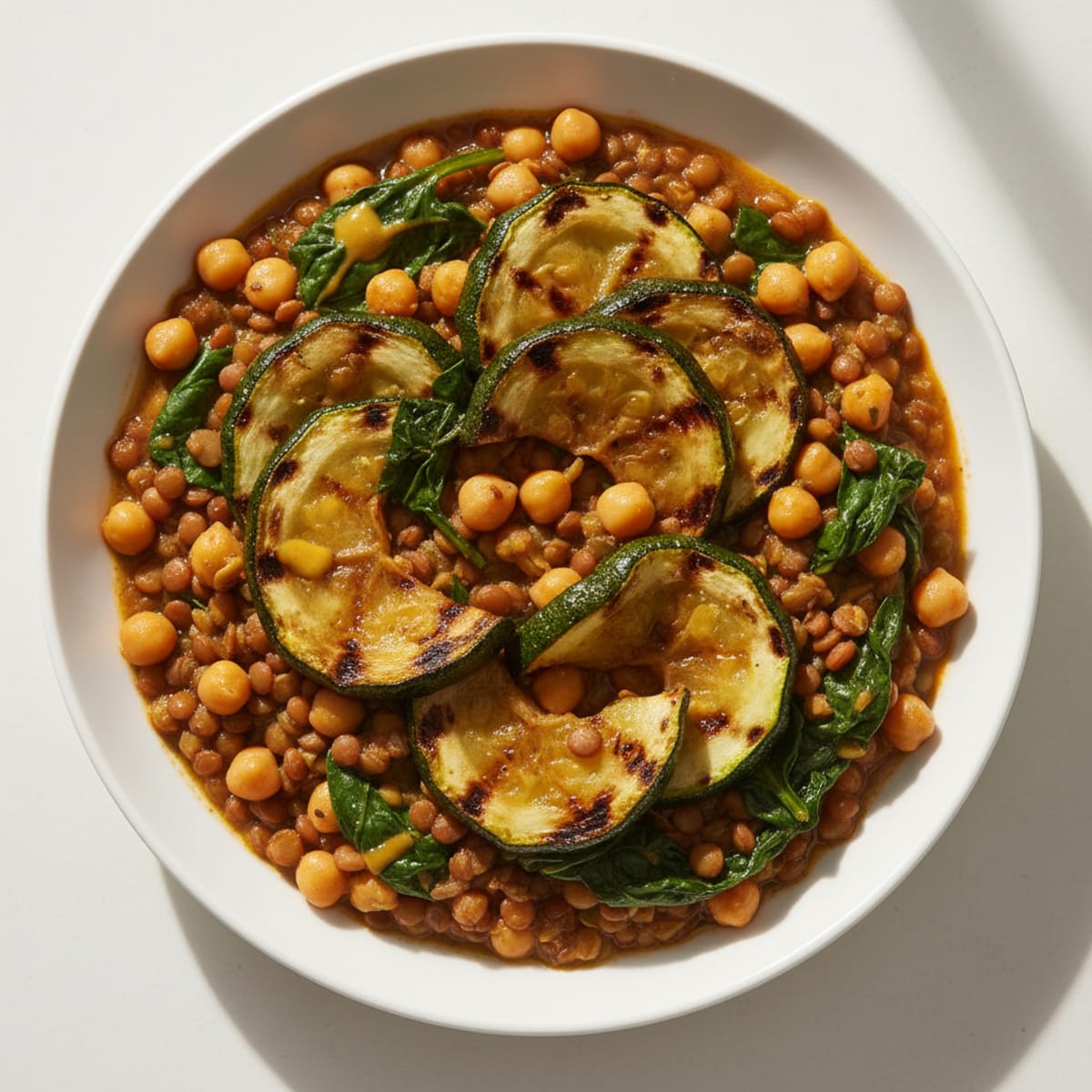 Lentil and Chickpea Stew with Spinach and Grilled Zucchini
