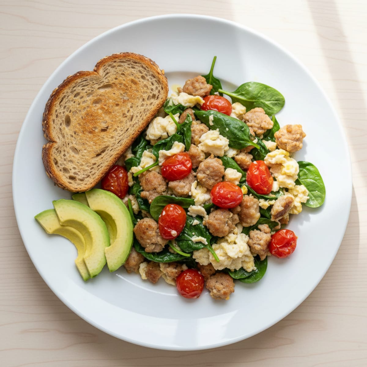 Egg White and Turkey Sausage Scramble with Spinach and Tomatoes