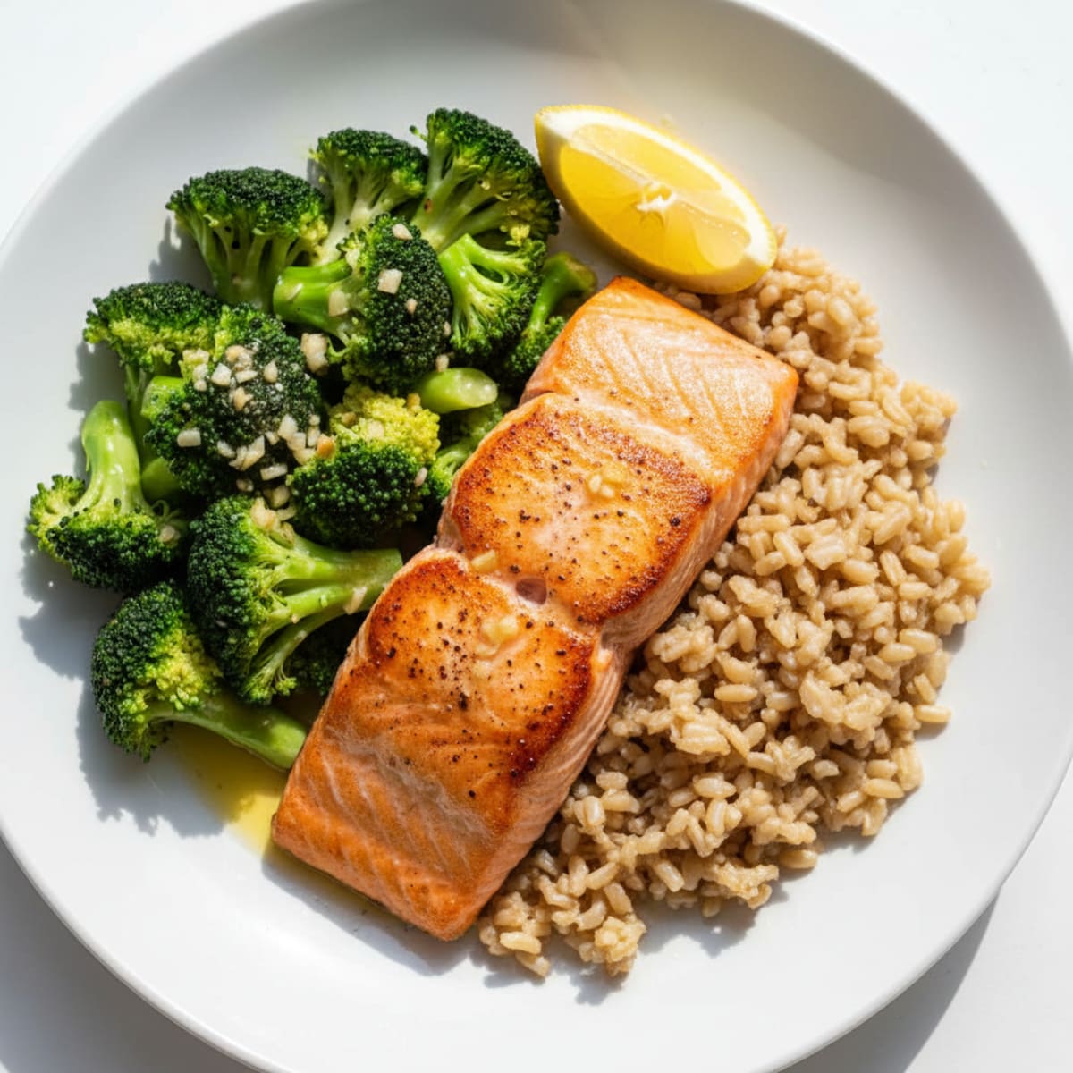 Seared Salmon with Garlic Broccoli and Brown Rice