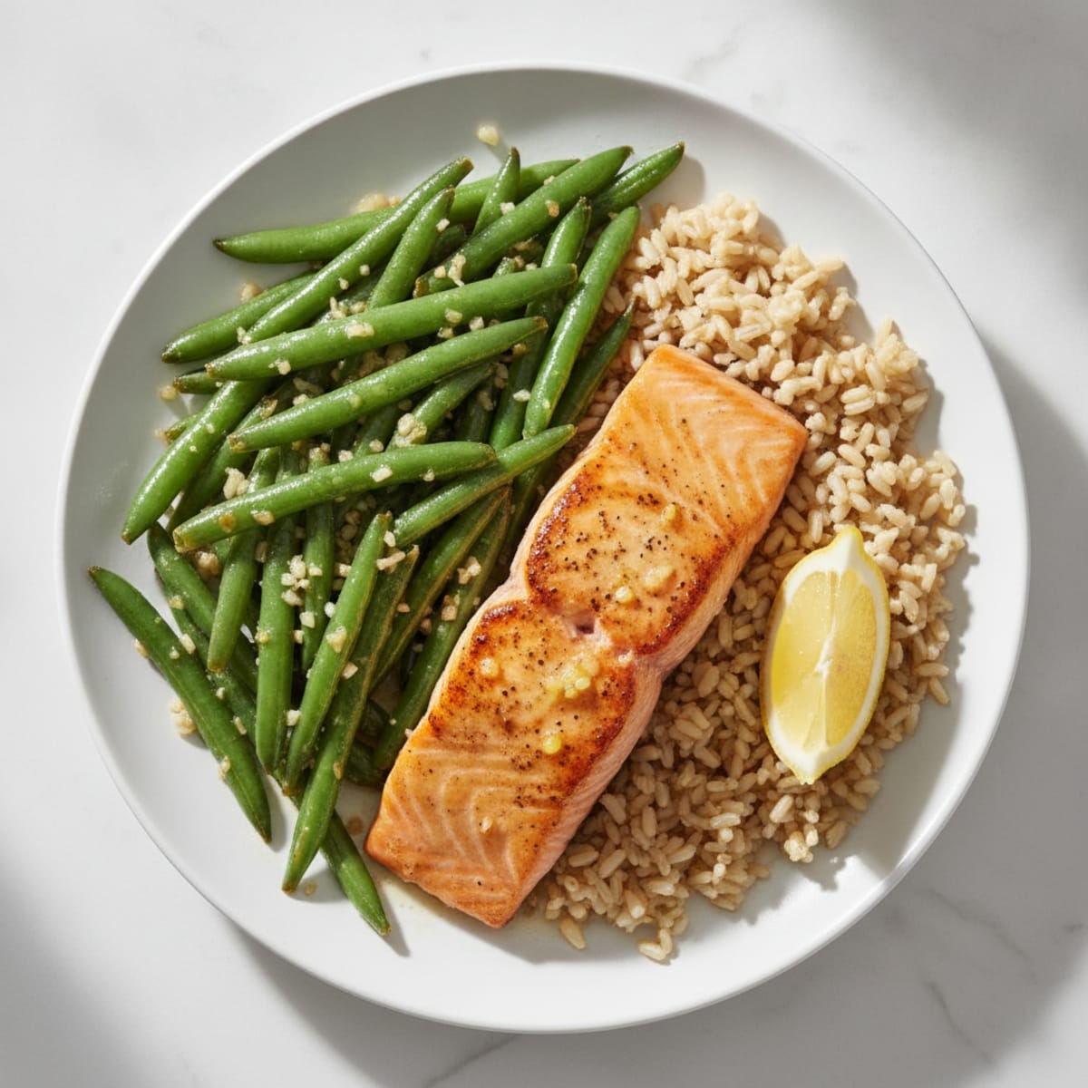 Seared Salmon with Garlic Green Beans and Brown Rice