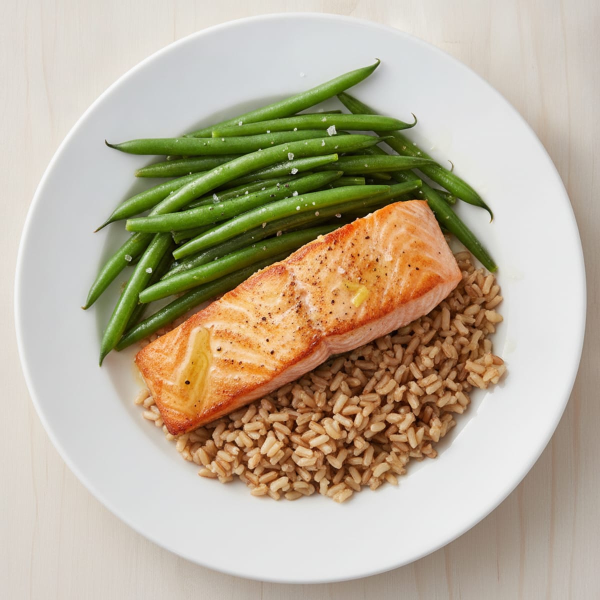 Seared Salmon Fillet with Steamed Green Beans and Brown Rice