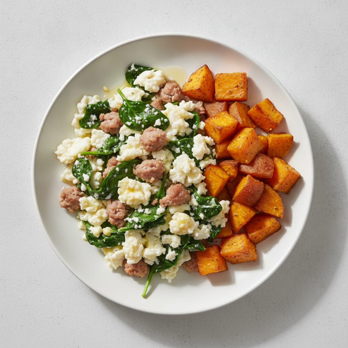 Egg White and Turkey Sausage Scramble with Spinach and Roasted Sweet Potato