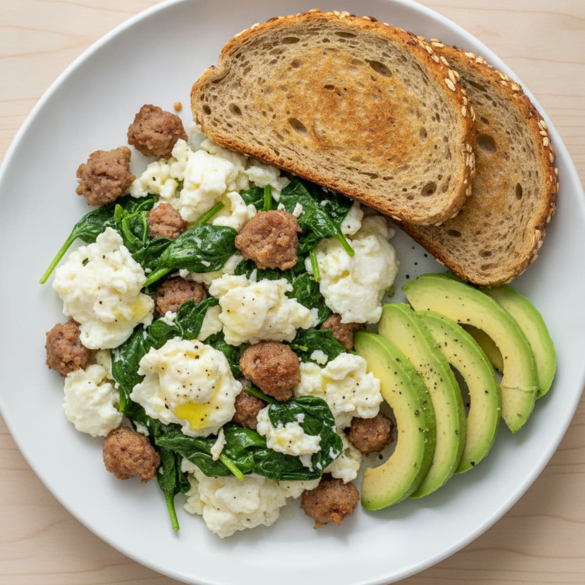Scrambled Egg Whites with Turkey Sausage and Sautéed Spinach