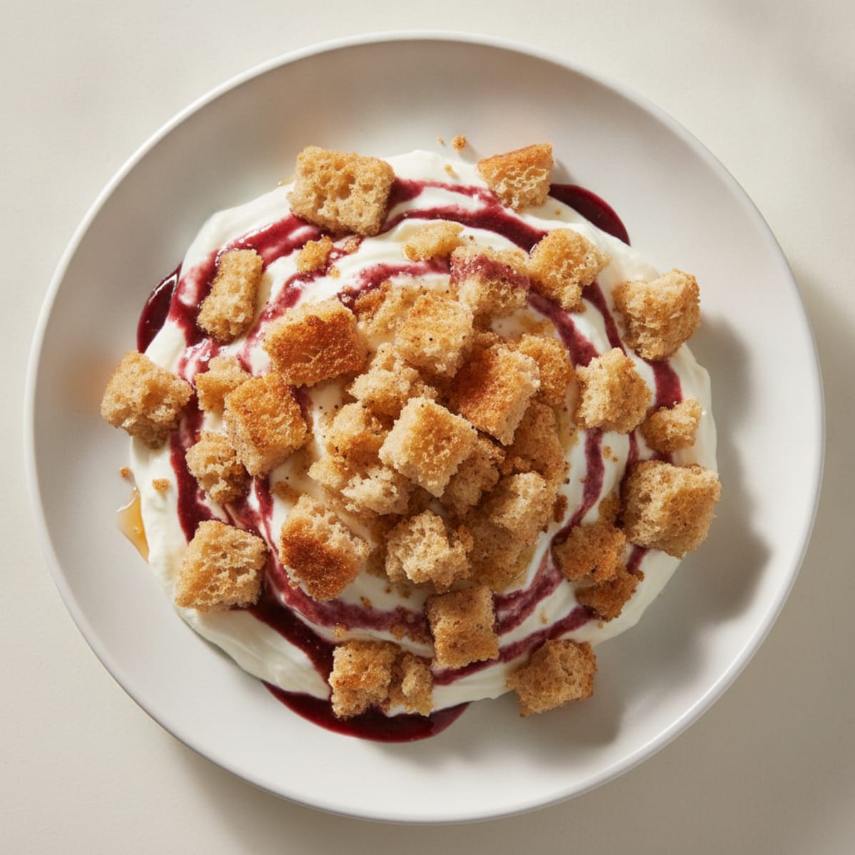 High-Protein Greek Yogurt Parfait with Crumbled Sourdough and Wine Reduction