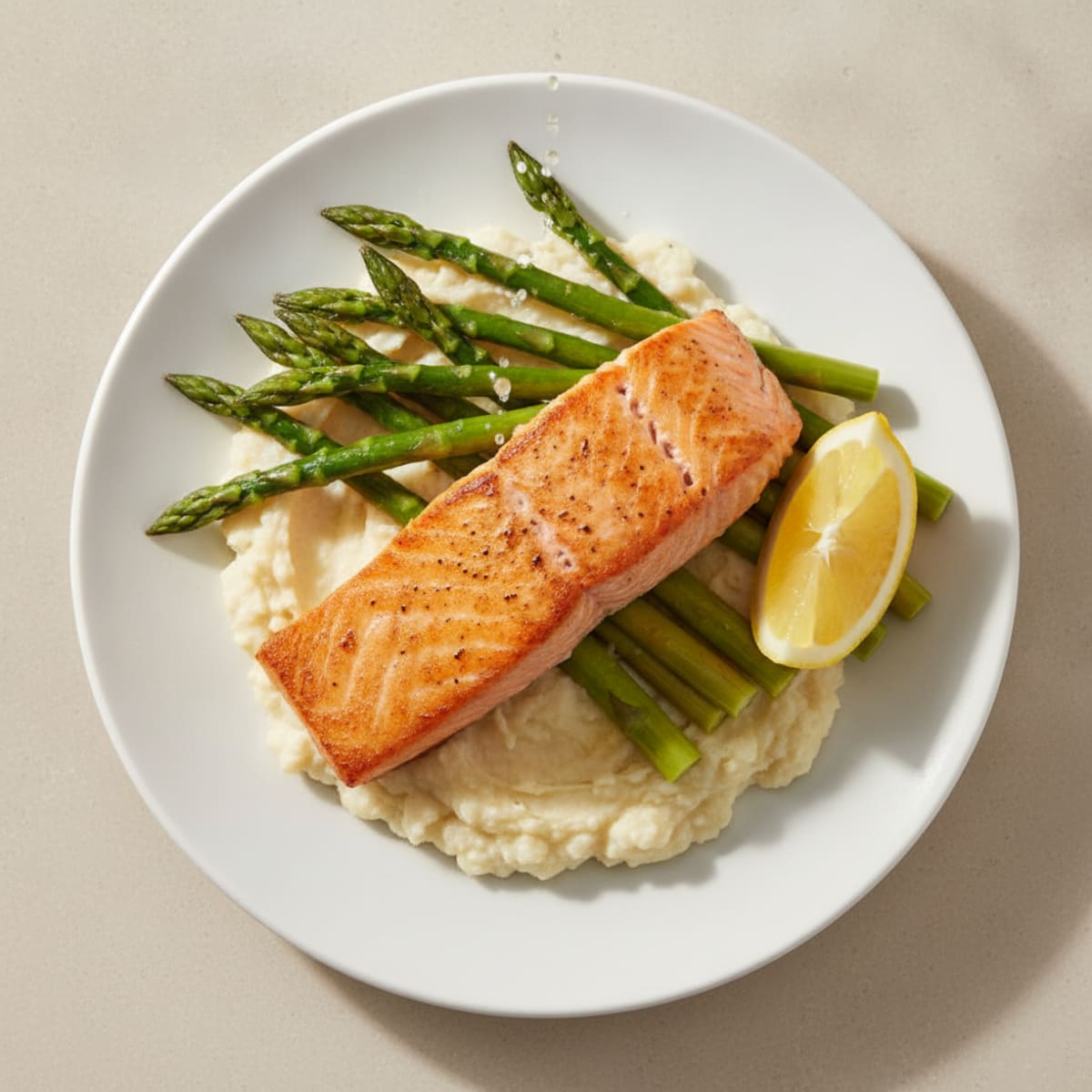 Seared Salmon with Steamed Asparagus and Garlic Cauliflower Mash