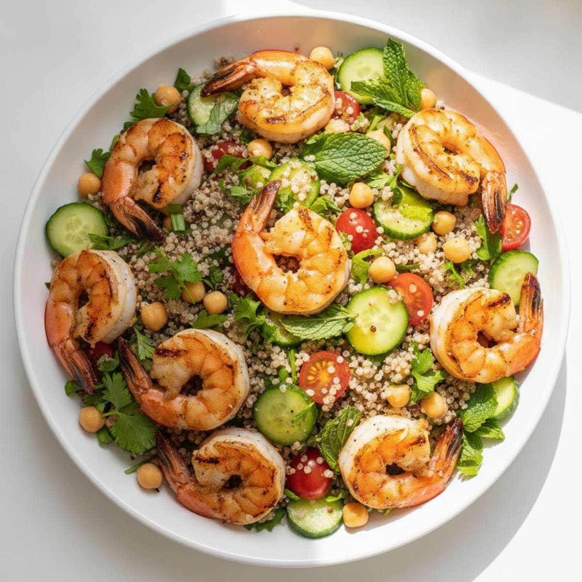 Grilled Shrimp and Quinoa Salad with Chickpeas and Fresh Herbs