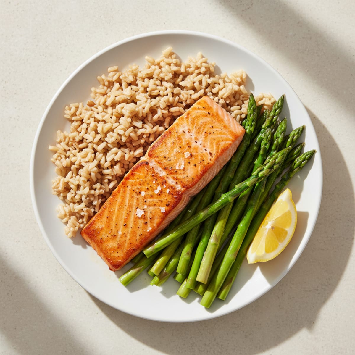 Seared Salmon Fillet with Steamed Asparagus and Brown Rice