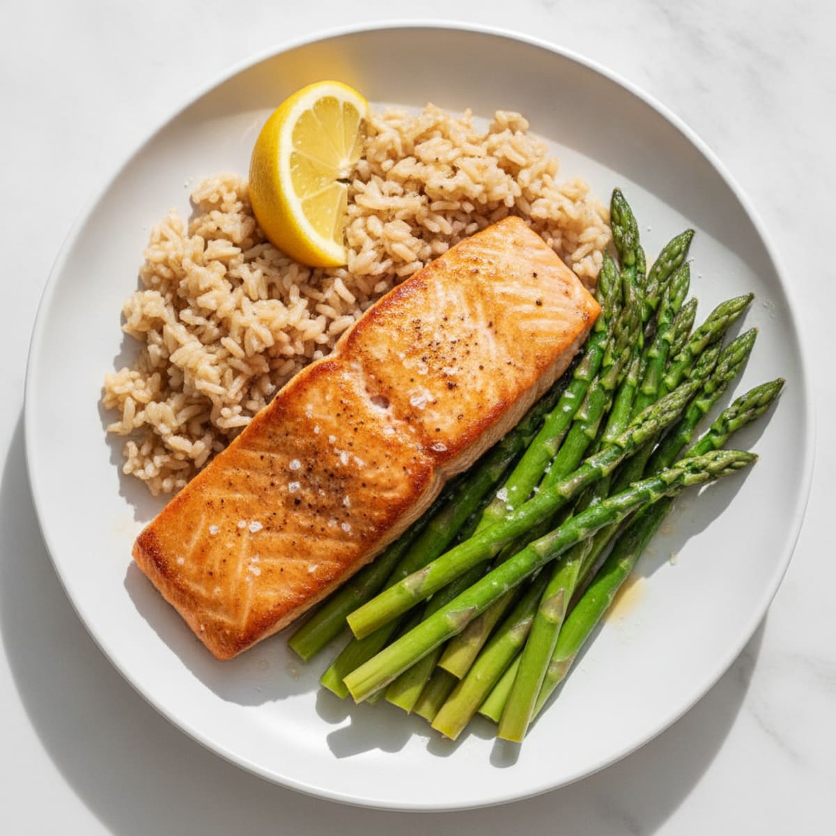 Seared Salmon with Steamed Asparagus and Brown Rice
