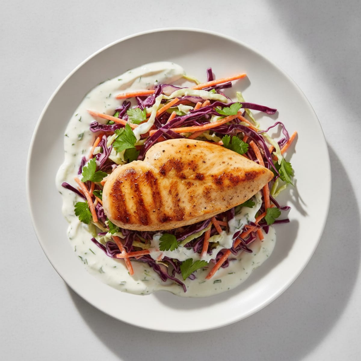 Grilled Chicken Breast with Crunchy Vegetable Slaw and Greek Yogurt Dressing